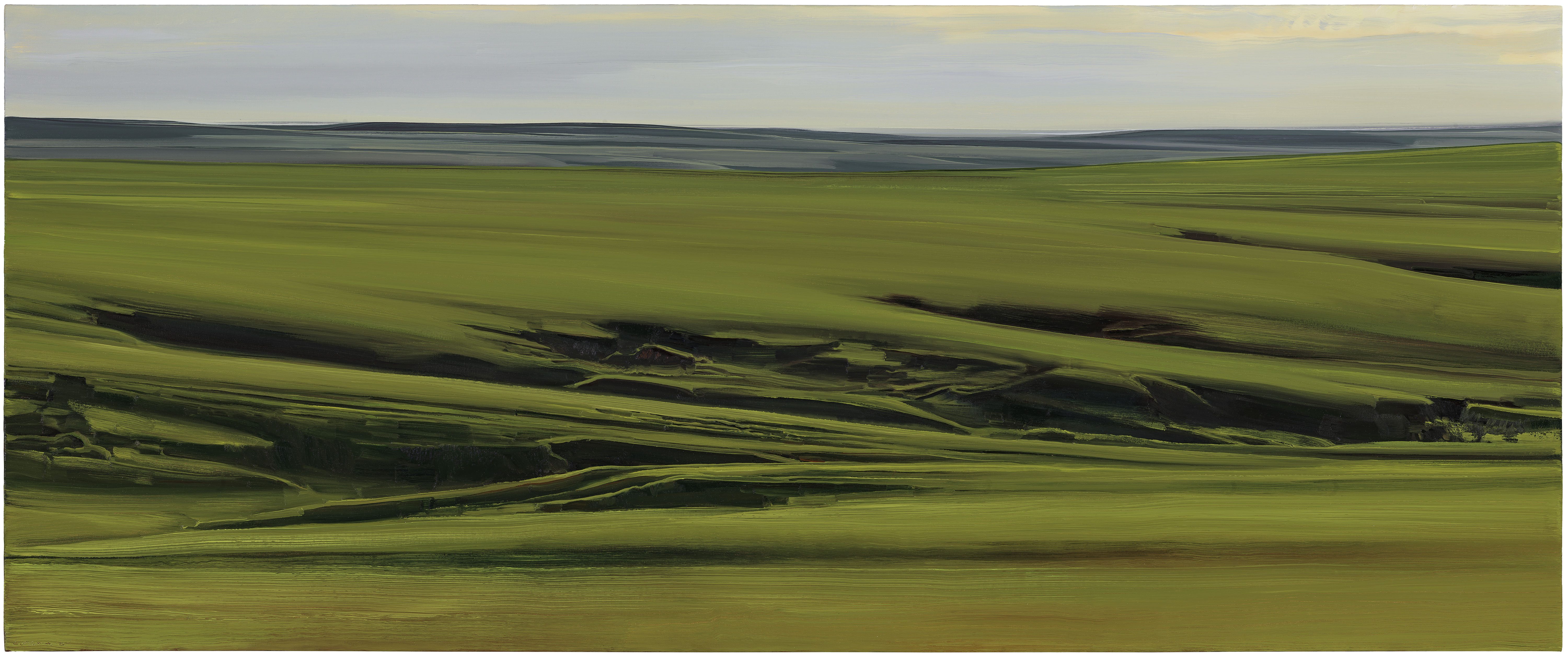 Vast rolling grassland rendered in shades of green and ochre, with dark ravines and waterways cutting diagonally across the composition. The horizon stretches flat and distant beneath a pale sky, creating a serene, expansive landscape view.
