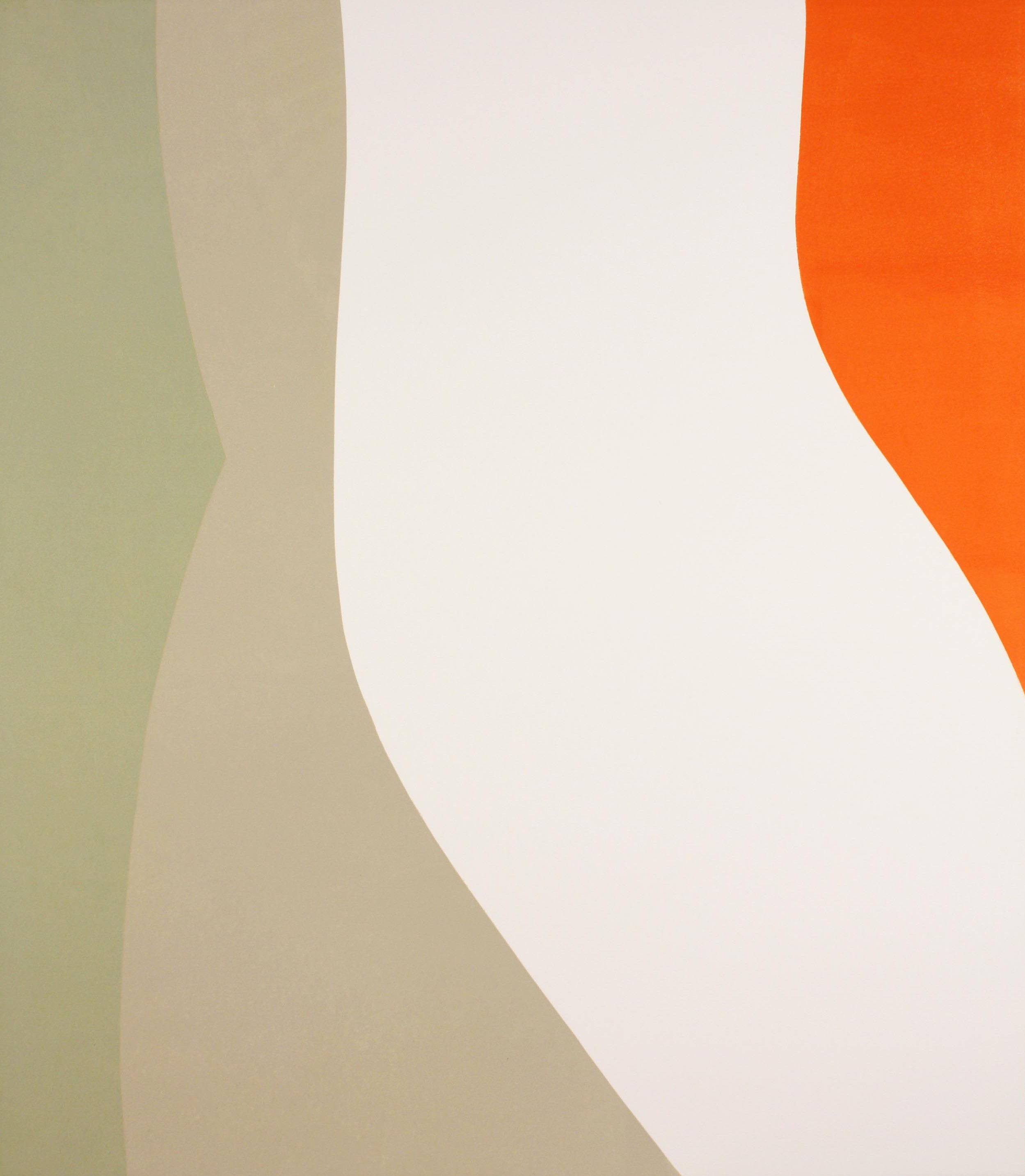 Abstract relief print featuring organic, curved forms in muted earth tones—soft greens and taupes on the left transitioning to cream and white in the center, with a bold orange-red curved shape emerging on the right. The composition uses layered, undulating shapes that create a sense of depth and movement across the composition.