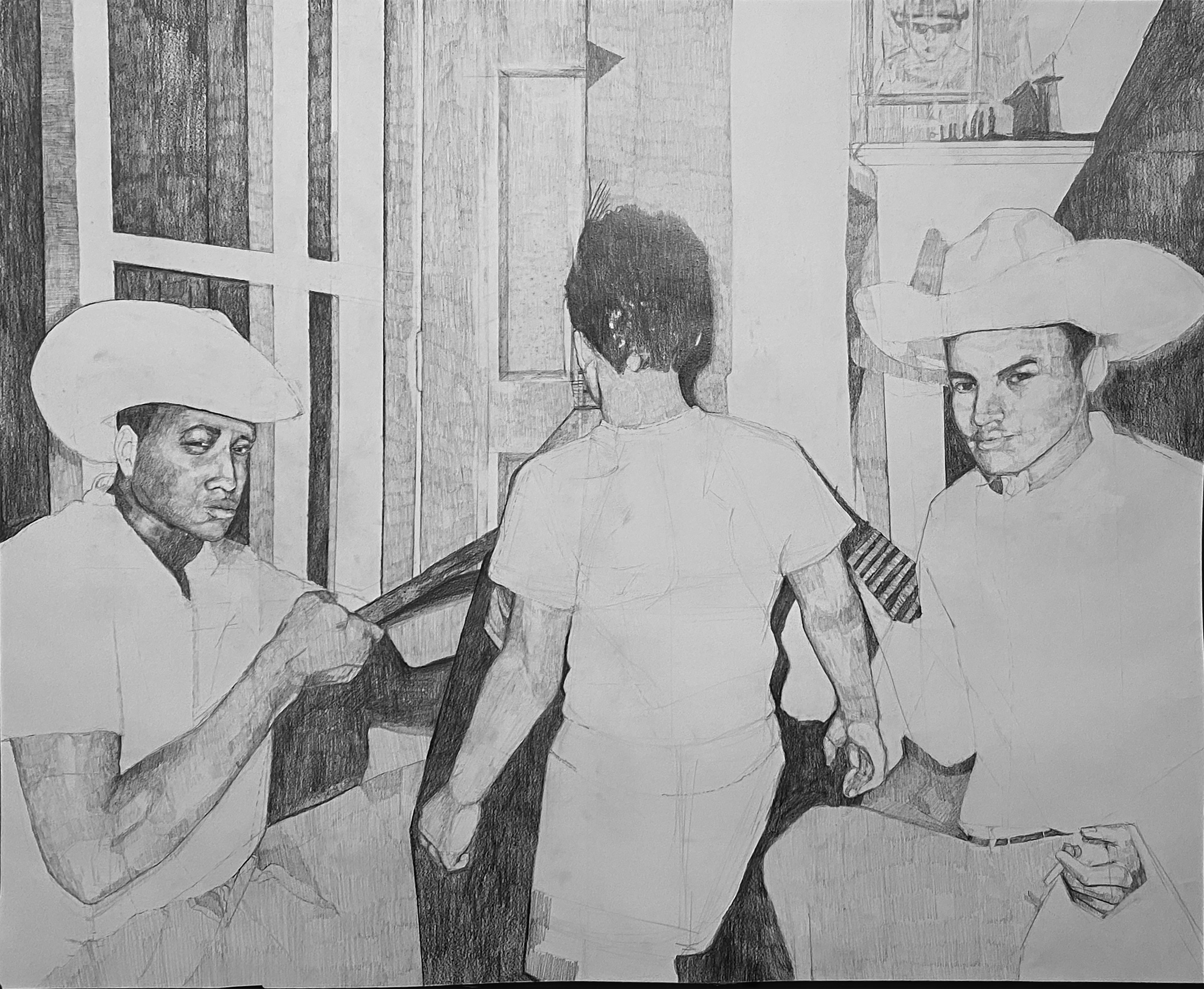 A graphite drawing depicting three men wearing cowboy hats in an interior setting. Two men face toward the viewer while a third is shown from behind; the figure on the left holds what appears to be fabric or clothing. The composition uses varied graphite tones to create depth and shadow across the figures and wooden wall paneling in the background.