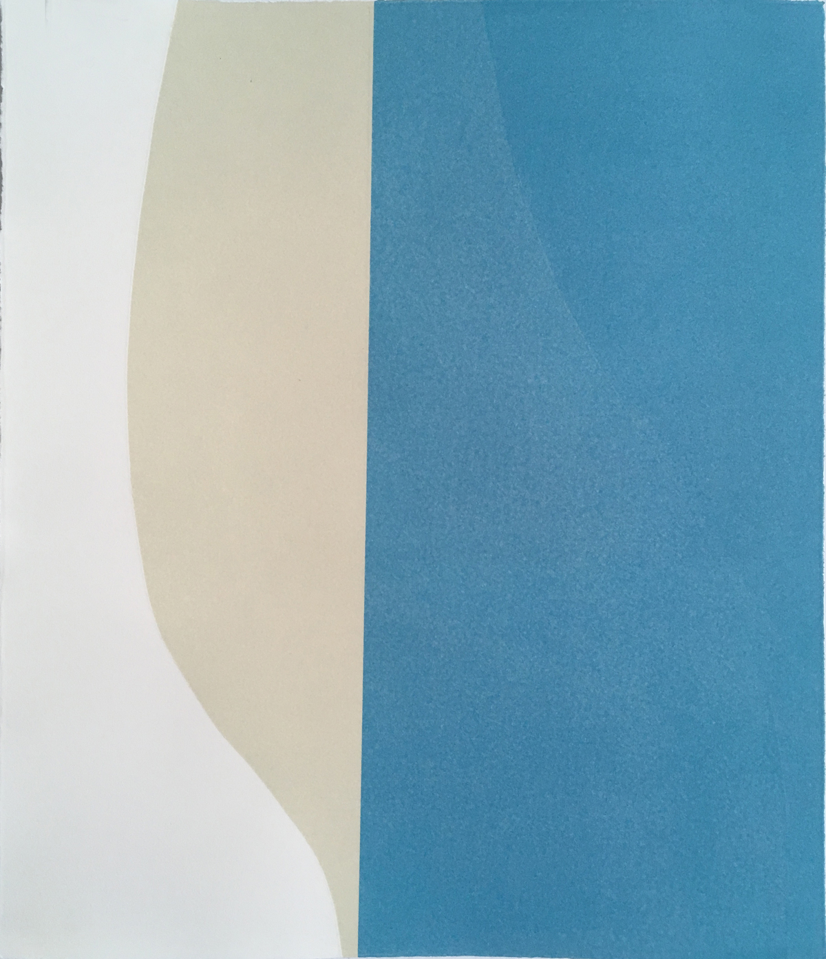 A minimalist composition featuring a curved cream-colored form against a white background, adjacent to a rectangular panel of deep teal blue. The work demonstrates subtle gradations and dimensional relief printing techniques.