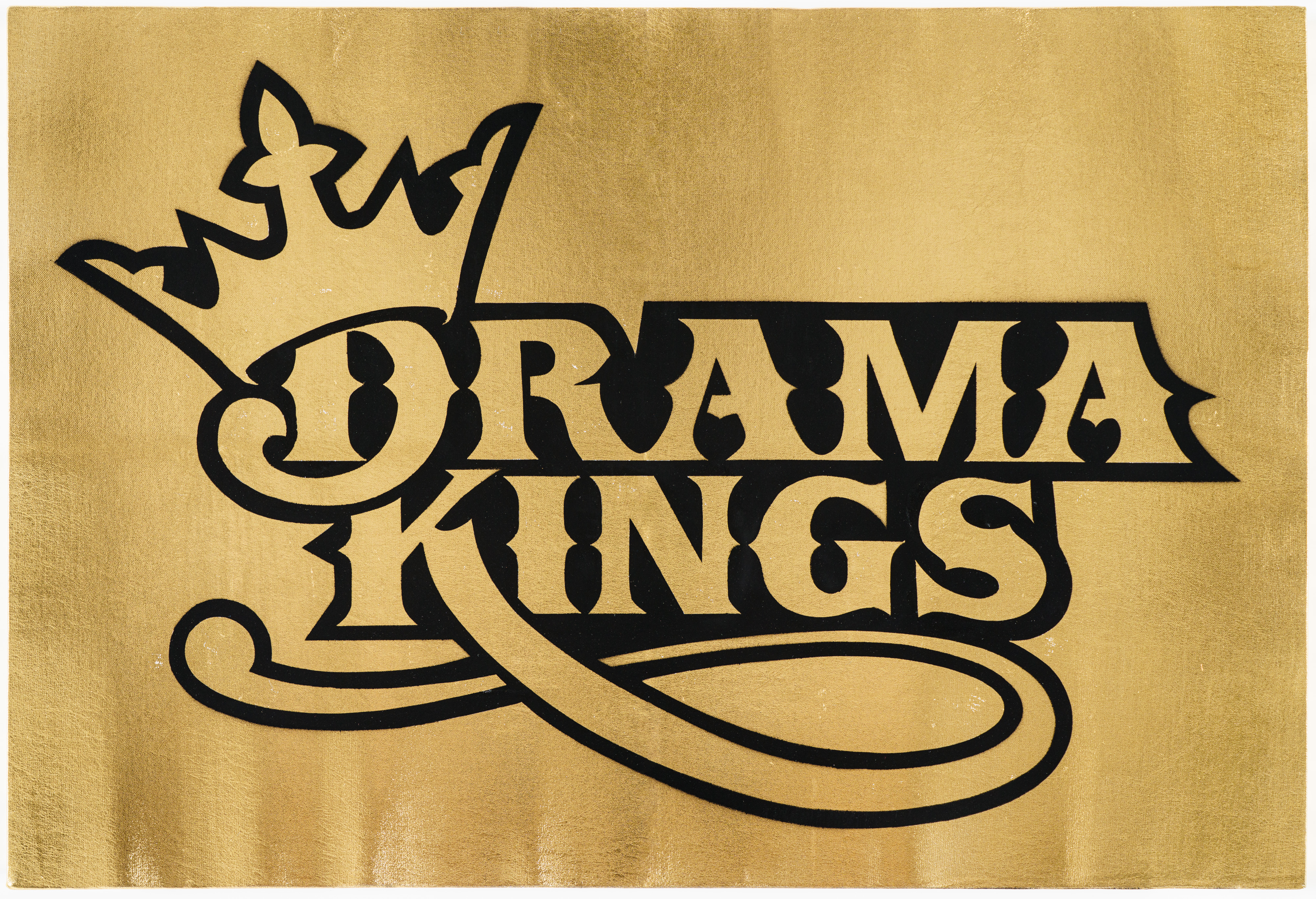 Black ornamental lettering and decorative flourishes featuring a crown and serpentine tail design on a textured gold background.