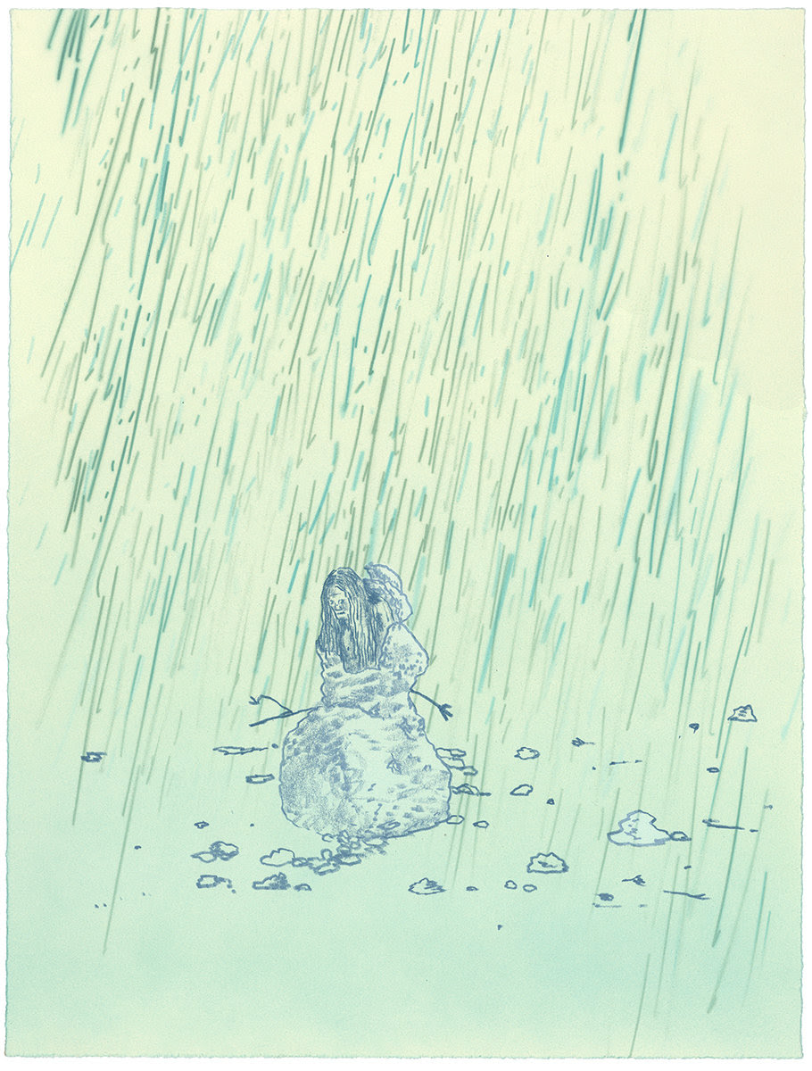 A solitary snowman sits hunched in heavy rain, surrounded by scattered stones on pale ground. Diagonal lines of green and blue represent the downpour falling across a cream-colored composition, creating a melancholic, introspective mood.
