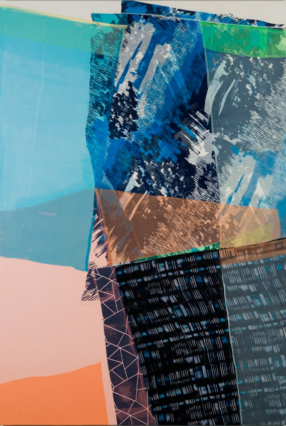 Layered abstract composition combining geometric color fields in turquoise, blue, orange, and pink with textured fabric elements and gestural brushwork in black and white. The work features overlapping translucent and opaque planes that create depth and movement across the canvas surface.