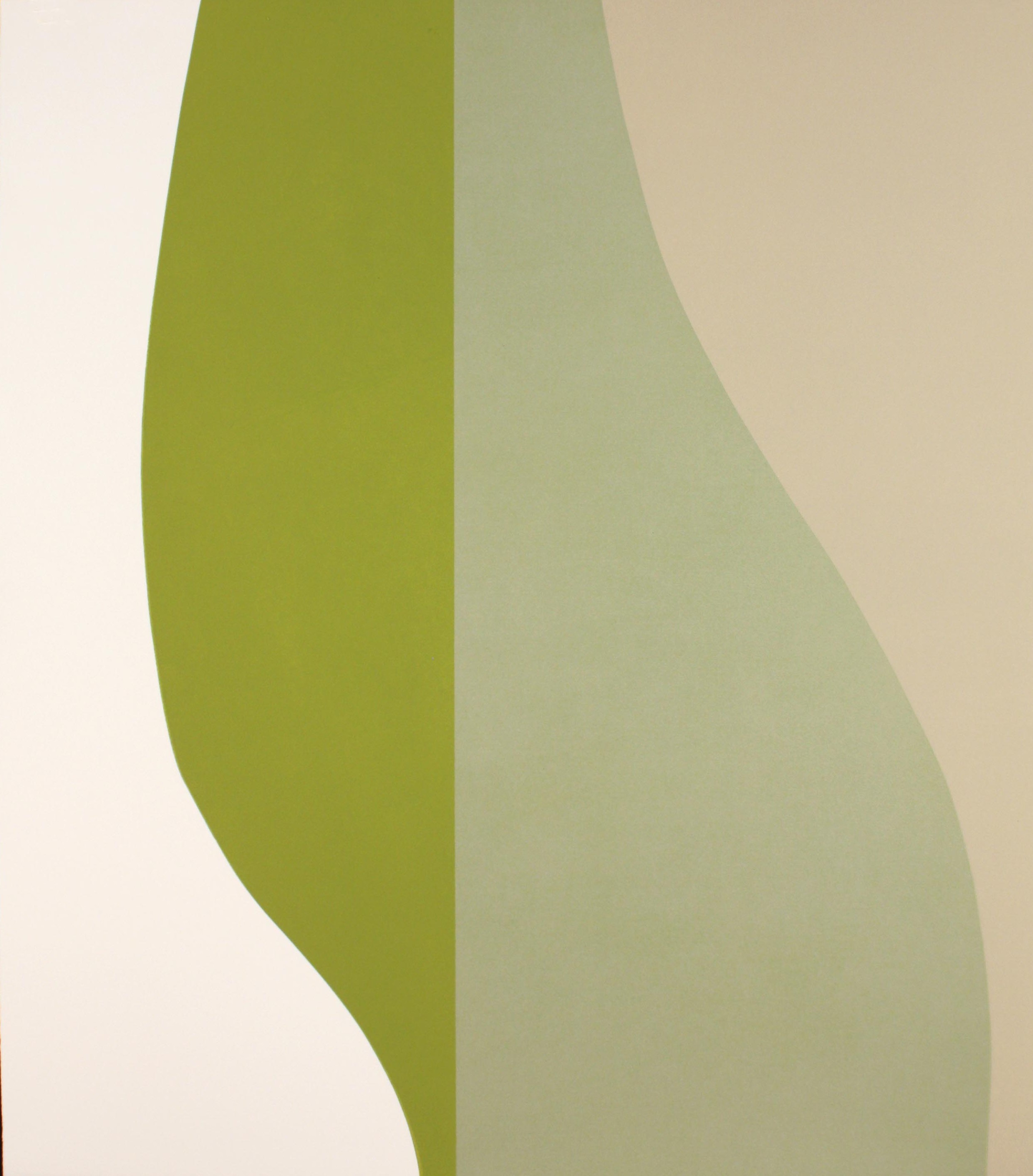 Abstract composition featuring two organic, curved forms in chartreuse green and soft sage green against a neutral beige background, creating a sense of movement and balance through gentle, flowing lines.