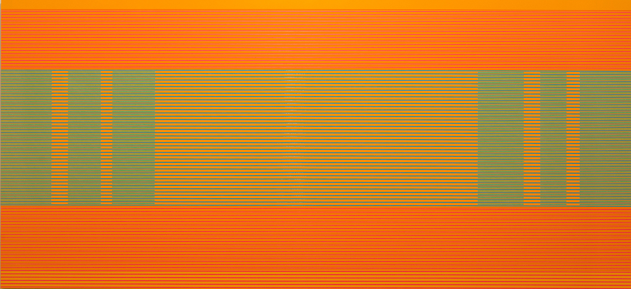 Horizontal composition dominated by thin parallel lines in shades of orange, yellow, and teal. A rectangular band of teal and green tones occupies the center, with orange linear patterns creating fragmented geometric shapes, while the upper and lower sections are filled entirely with orange and red horizontal lines.