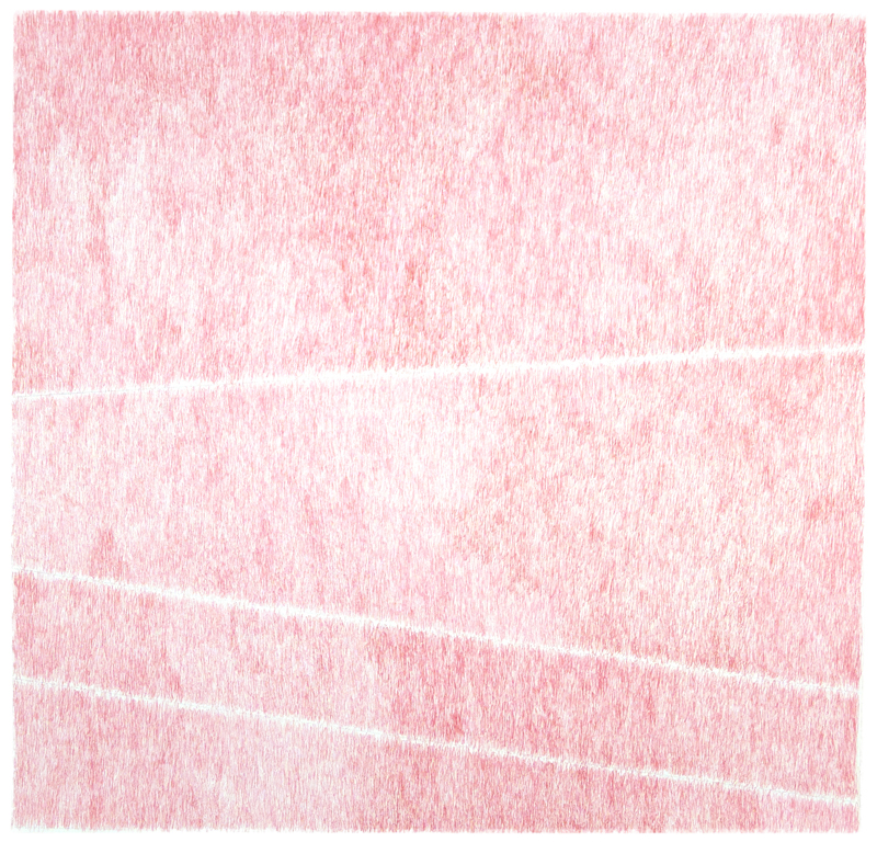 Abstract composition featuring horizontal white lines dividing a pink and red textured surface, creating a layered, minimalist aesthetic with subtle gradations in tone across the work.