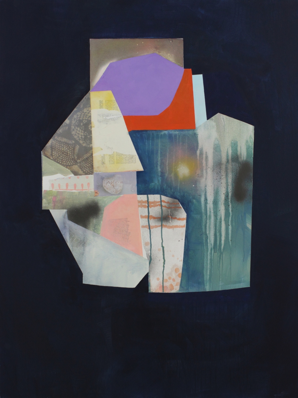 A layered collage composition featuring geometric shapes and mixed imagery arranged against a dark background. A prominent purple hexagon sits atop overlapping sections of painted landscapes, architectural fragments, text-printed pages, and colored paper planes in red, orange, blue, and white, creating a dynamic, abstract assemblage.