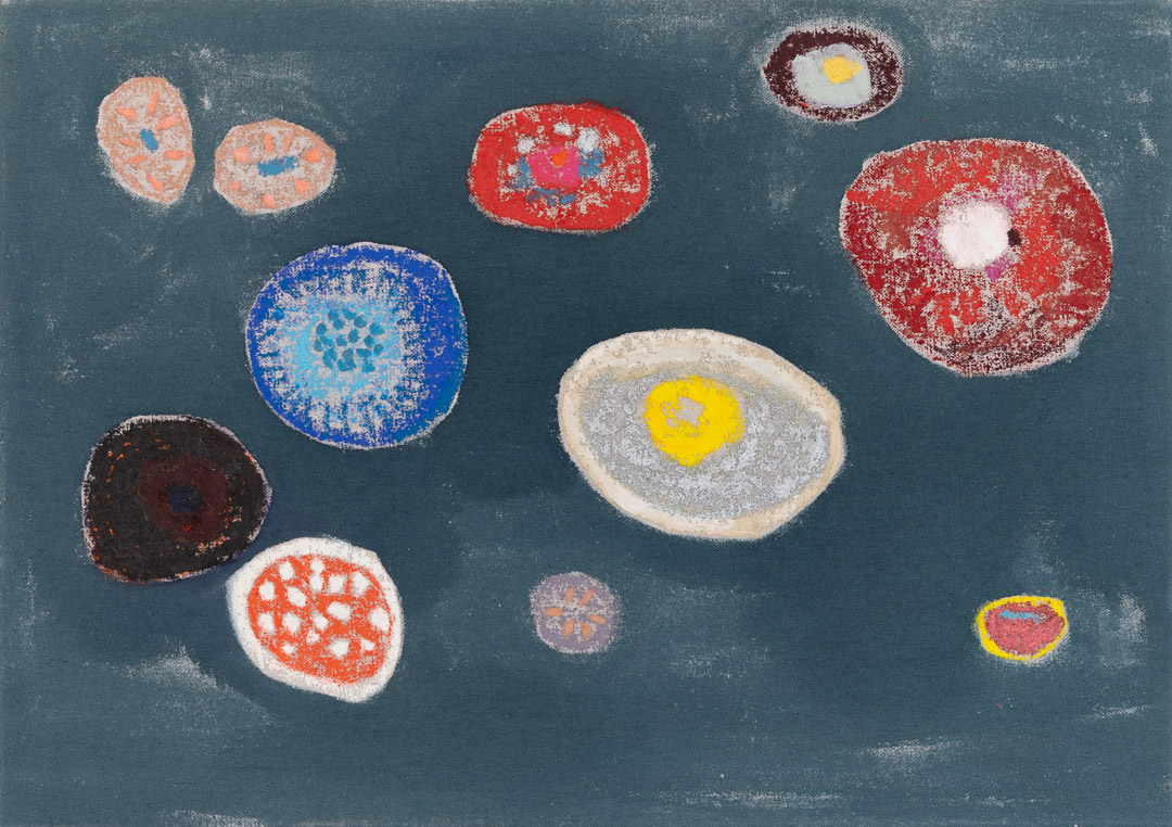 Abstract composition on dark teal background featuring twelve circular and oval forms of varying sizes rendered in vibrant colors—coral, blue, red, white, yellow, and dark brown—with layered textures, concentric patterns, and central nuclei suggesting cellular or cosmic imagery.
