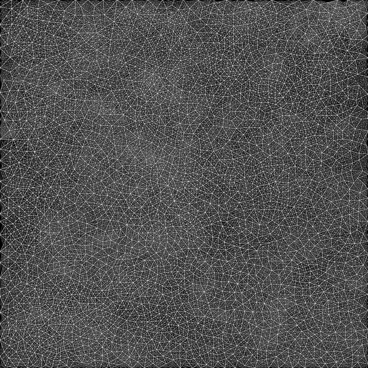 Dense network of thin white lines intersecting across a dark charcoal ground, creating an intricate web of triangular and polygonal forms throughout the composition.
