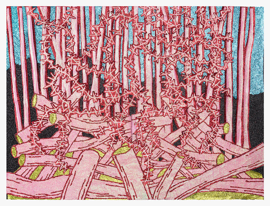 A stylized forest scene rendered in shades of pink and red with turquoise and black accents, featuring tall striped tree trunks and a dense understory of intricate linear patterns. The composition uses layered cut paper, paint, and glitter to create depth and texture throughout the woodland landscape.