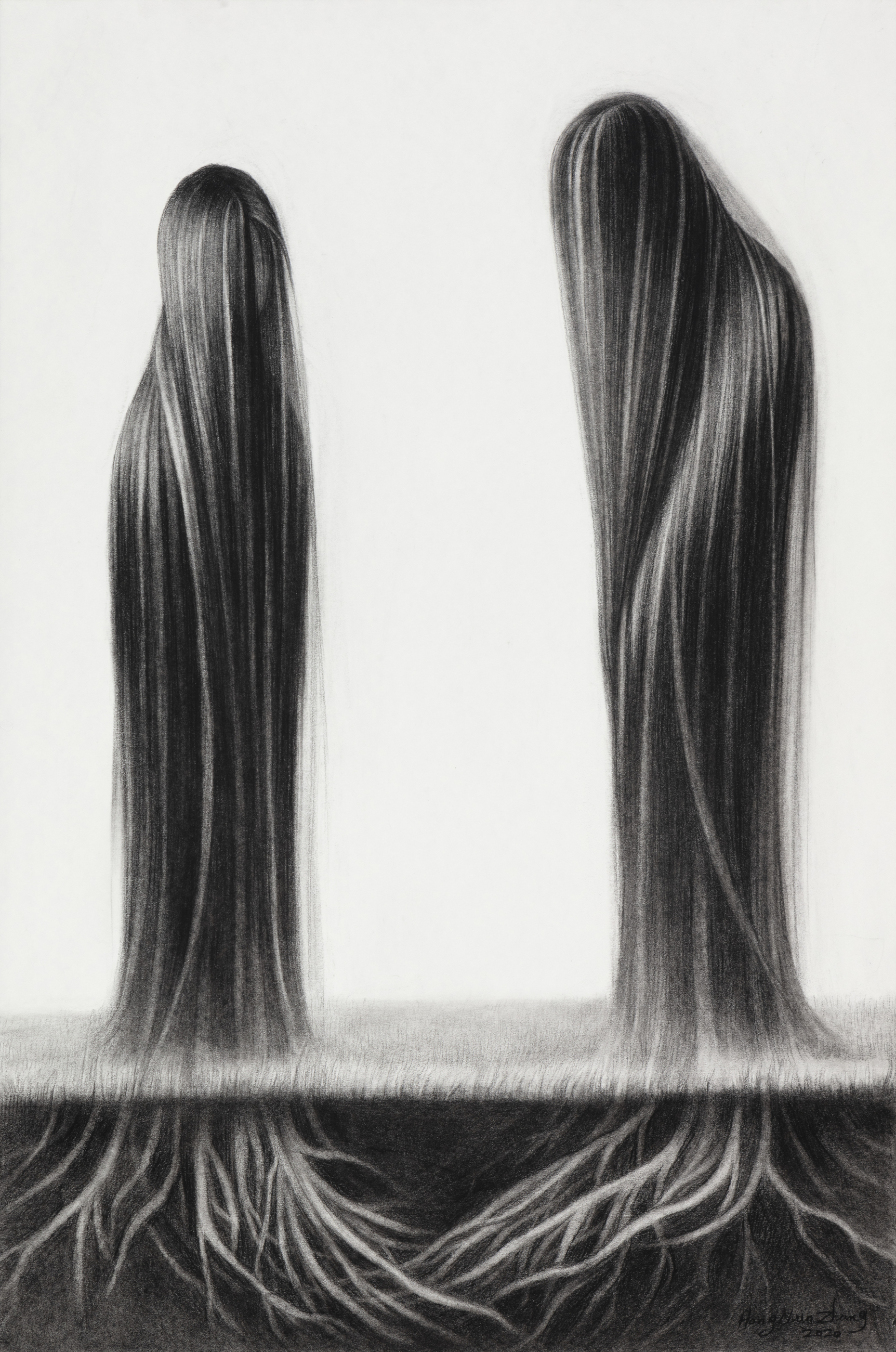 Two figures with extremely long, flowing hair stand side by side against a light background. Their hair extends down to the ground, where it transforms into dark, root-like strands that spread across the surface. The work is rendered in charcoal with dramatic contrasts between light and shadow, emphasizing the detailed texture of the hair and its organic, naturalistic quality.