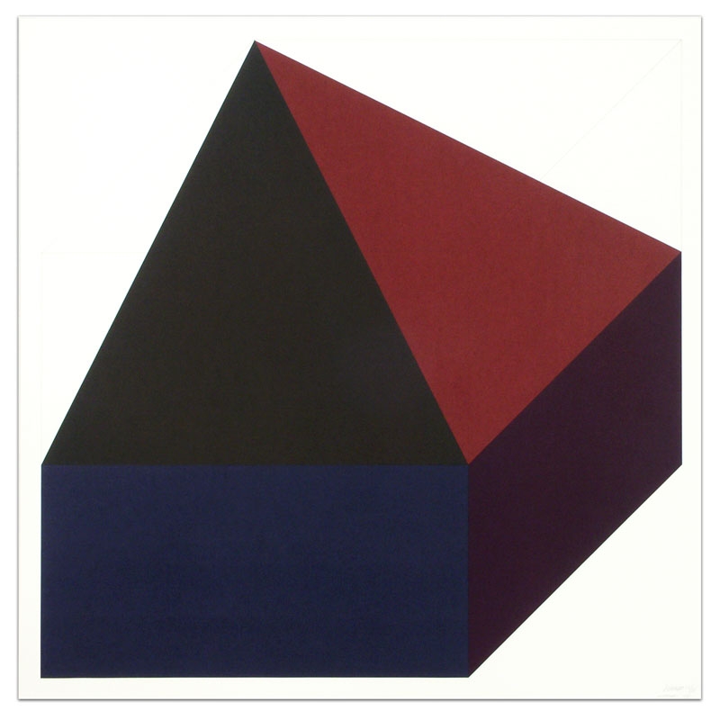 A geometric composition featuring a dark navy blue rectangular base supporting a dark pyramidal form topped by a bright red triangular plane. The overlapping three-dimensional shapes create a stark interplay of deep colors against a white background, emphasizing form and spatial relationships through bold color contrasts.