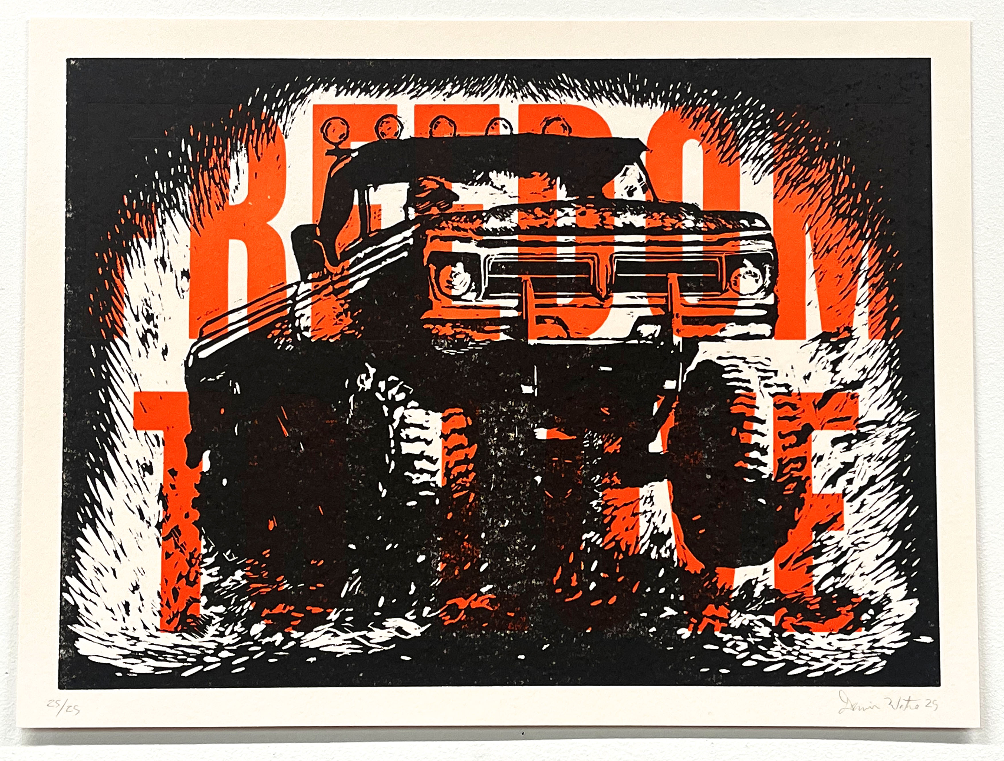 A stylized truck rendered in bold orange, black, and white drives through textured terrain with dynamic hatching marks creating movement and depth. Large orange capital letters frame the composition, emphasizing the vehicle's powerful forward motion in this high-contrast woodcut print.
