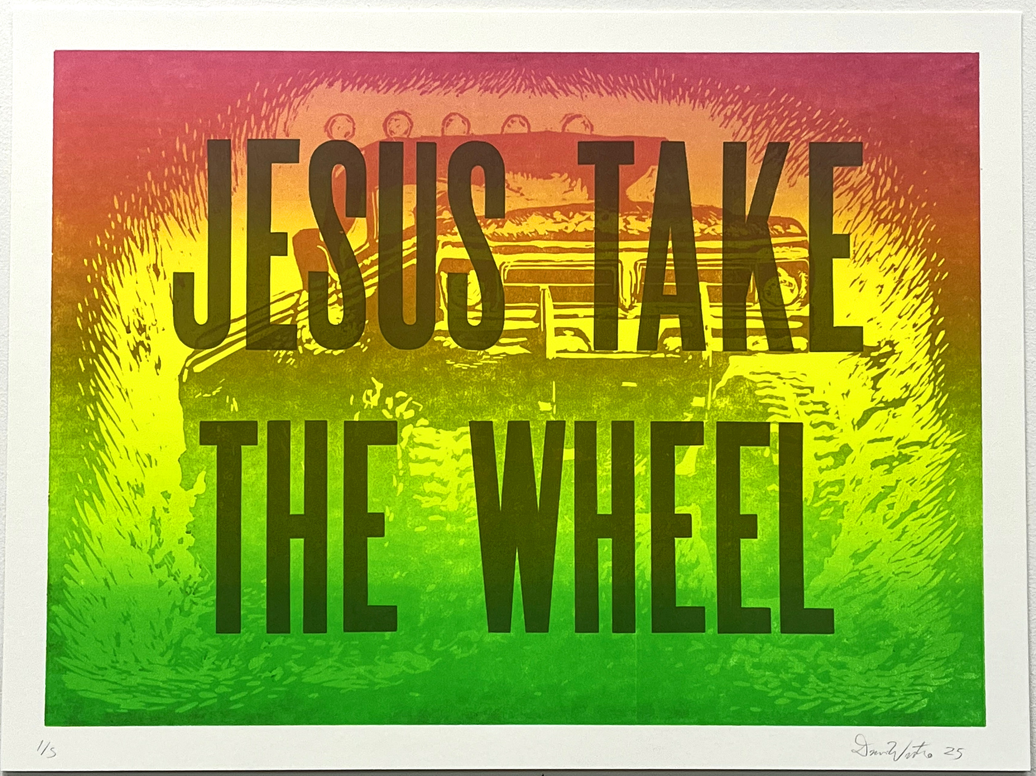 Bold black capital letters overlay a vibrant gradient background transitioning from red and orange at the top through yellow and lime green to deep green at the bottom. The composition features an expressionistic woodcut-style landscape with radiating linear marks suggesting a dramatic sky and terrain behind the text.