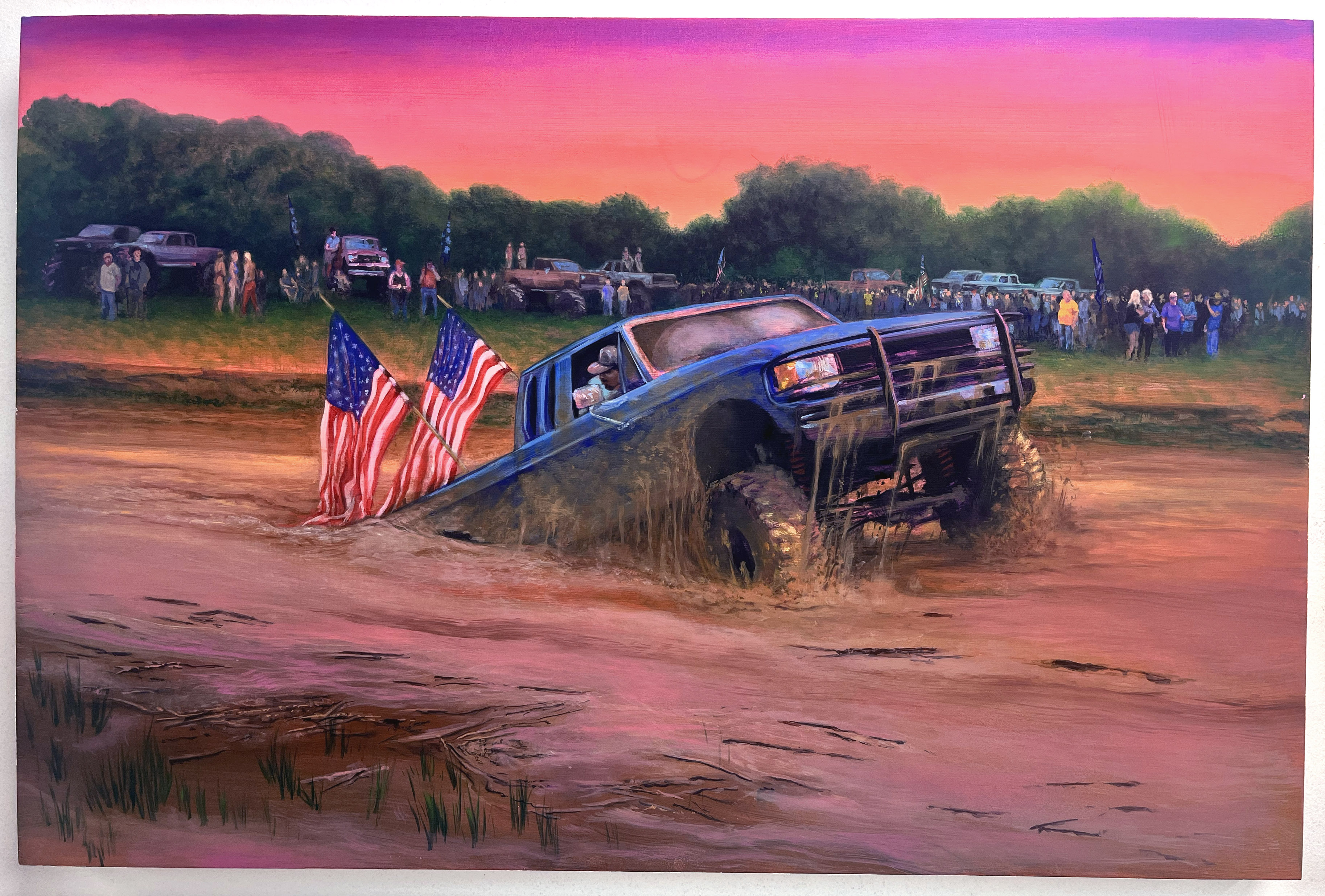 A blue pickup truck flying American flags emerges from a muddy pit during what appears to be a competitive off-road event, surrounded by spectators beneath a dramatic sunset sky rendered in vibrant shades of pink, purple, and orange. The painting employs rich, saturated colors and a realistic style to capture the moment of vehicular struggle against the landscape.