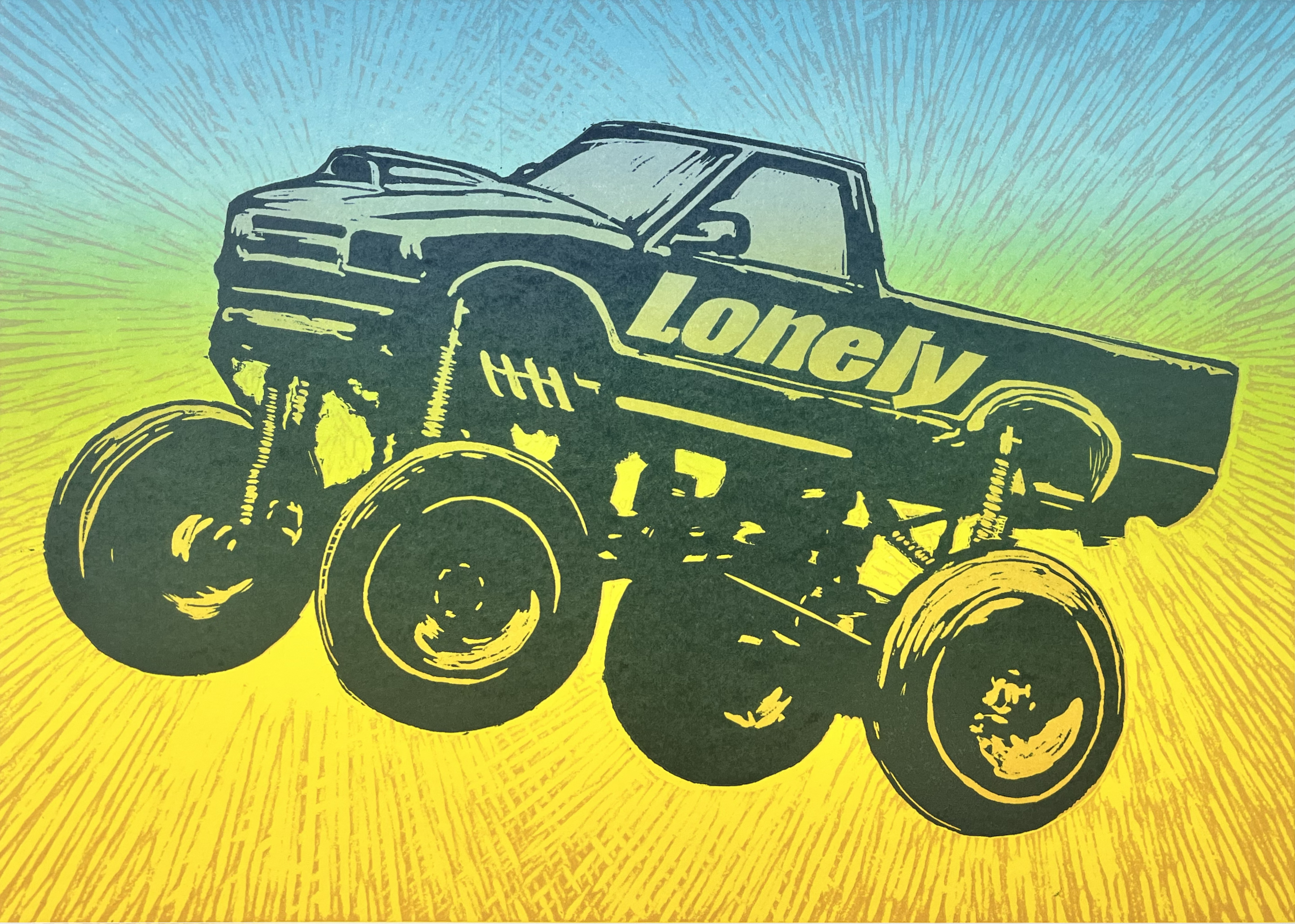 A stylized pickup truck with oversized wheels rendered in dark teal and yellow tones against a radiating background that gradients from turquoise at the top to bright yellow at the bottom. The composition uses bold graphic lines and a woodcut aesthetic to create a dynamic, energetic effect.