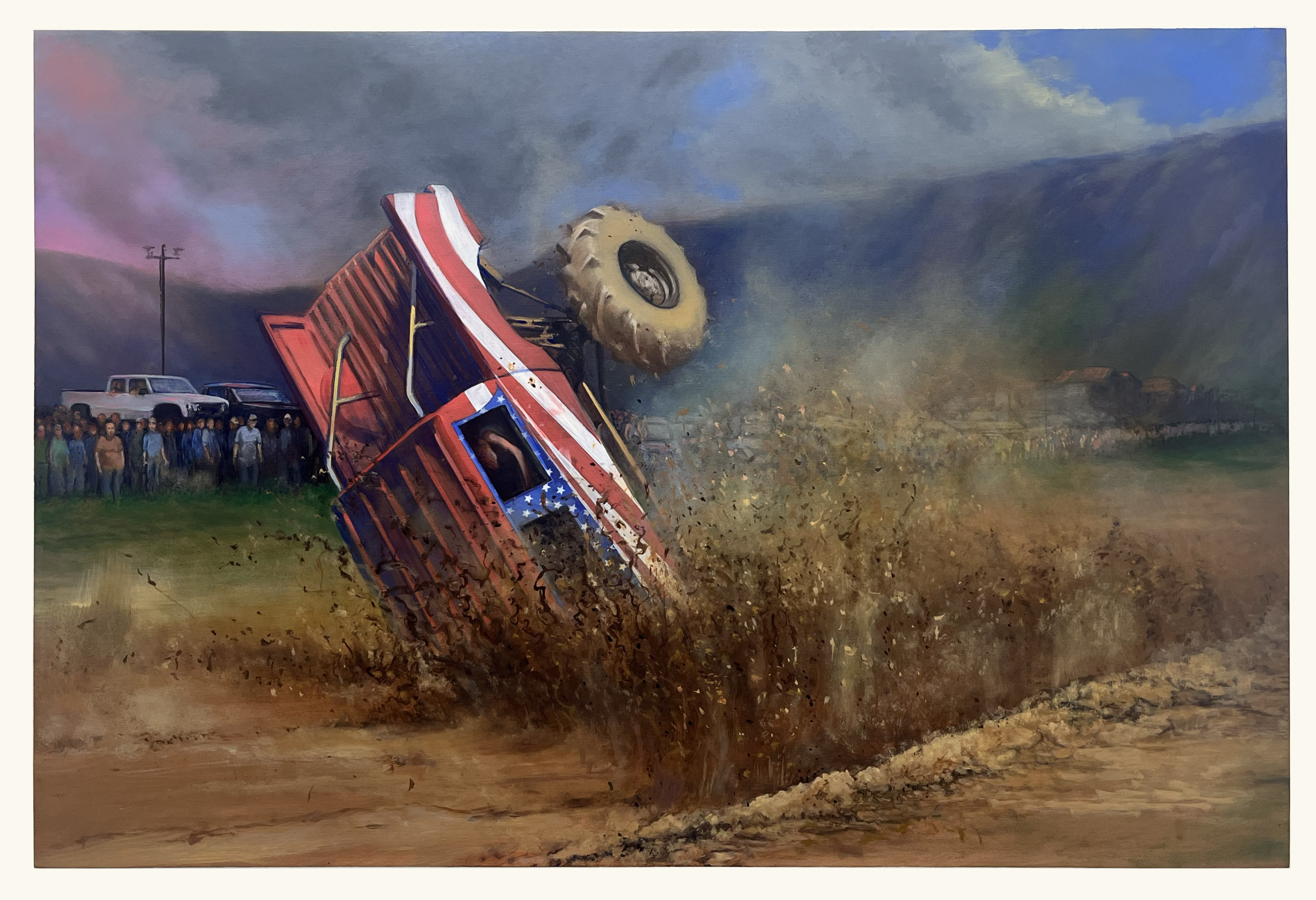A patriotic truck bearing American flag stripes launches dramatically into the air, its large tire spinning as it crashes through a cloud of dust and debris. Spectators stand watching from the left in a rural landscape beneath a moody, cloud-filled sky.