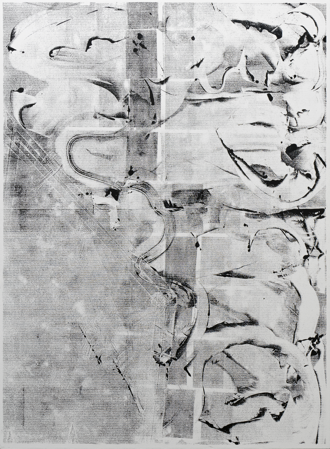 A composition of overlapping profile portraits rendered in black ink and gestural marks against a textured, cream-colored ground. The faces are layered and fragmented, with expressive linear strokes creating movement across the surface, creating an abstract, layered effect that suggests multiple perspectives simultaneously.