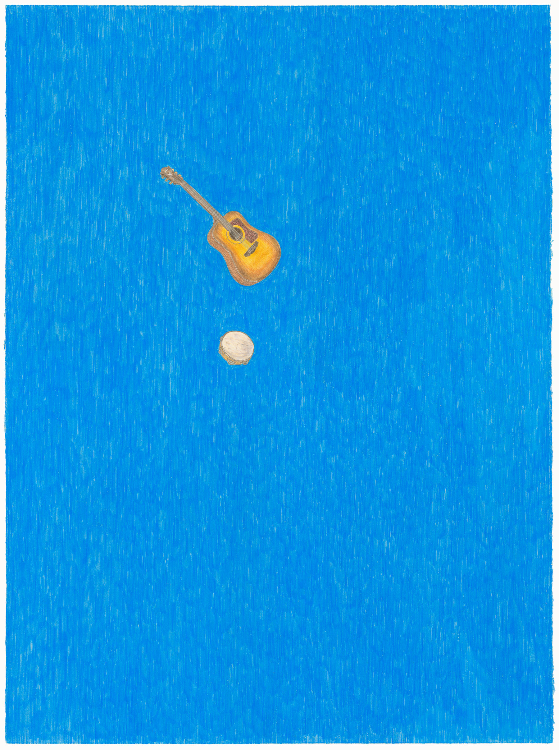A yellow acoustic guitar and a white circle float against a vibrant blue textured background, rendered in warm and cool tones with visible linear marks throughout.