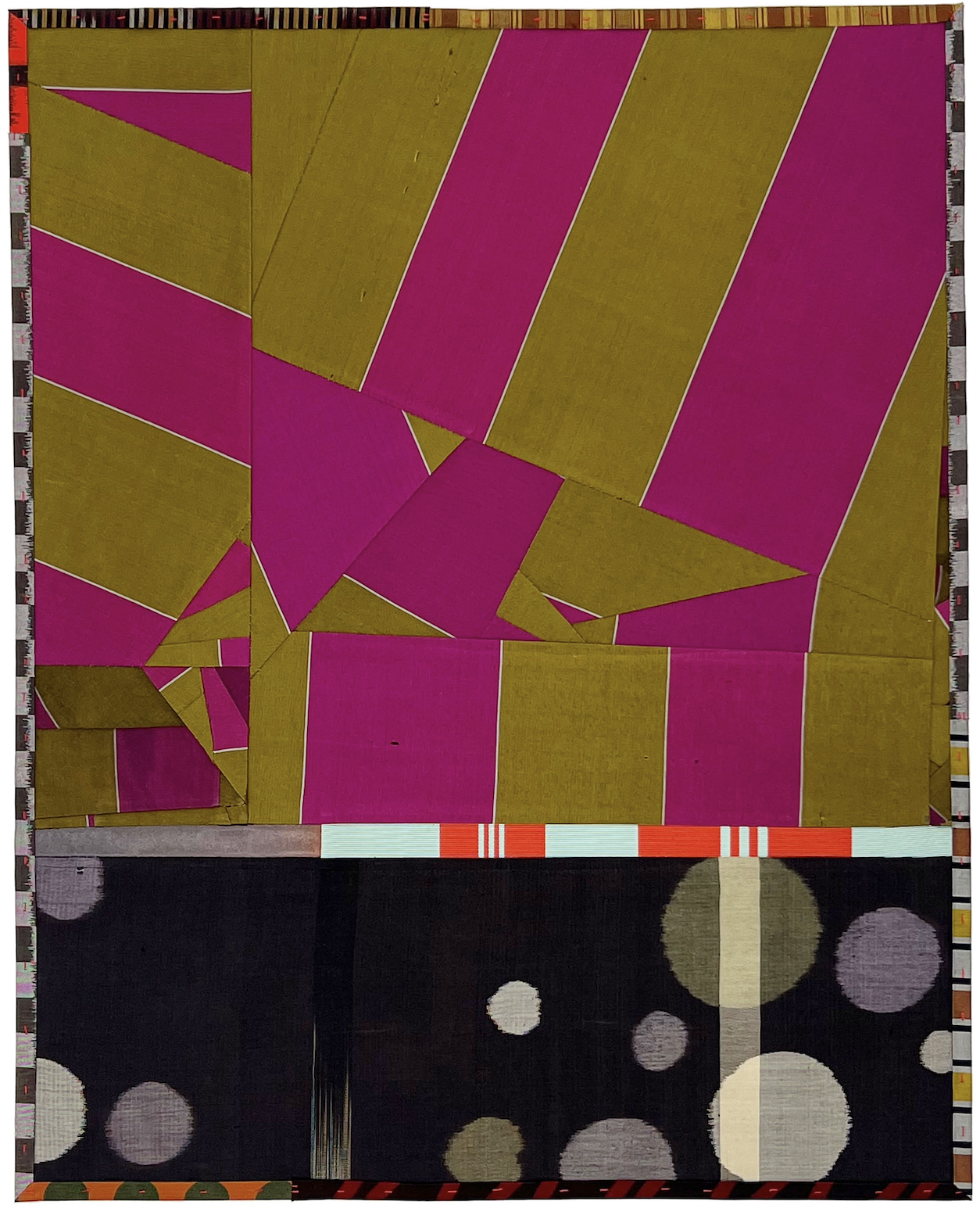 Pieced vintage silk textile featuring an upper section of interlocking geometric shapes in chartreuse and magenta, and a lower section of black ground with scattered circles in muted tones of cream, gray, and olive. A decorative striped border in white, orange, and red separates the two compositions.