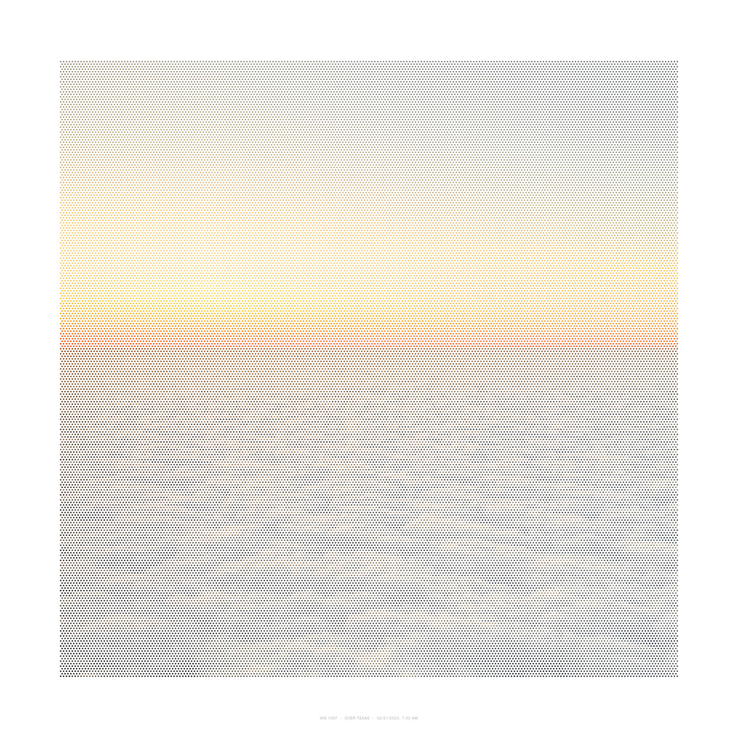 A gradient composition made of densely packed dots that shift from gray and tan at the top, through warm yellows and oranges in the middle, to deep reds and browns at the bottom, creating a subtle atmospheric effect across the square format.
