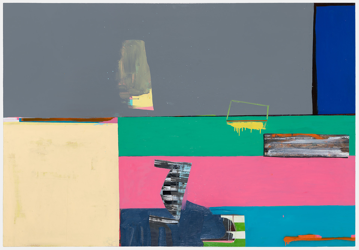 Abstract composition featuring bold horizontal bands of color—cream, emerald green, hot pink, navy, and teal—interspersed with fragmented photographic imagery including architectural forms, wood textures, and geometric shapes. Layered paint application creates a collage-like effect across the canvas.