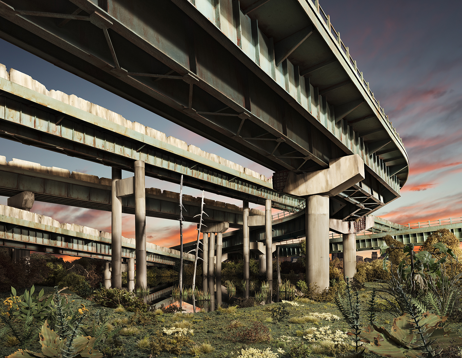 Layered concrete highway overpasses frame a natural landscape of desert vegetation and wildflowers beneath a dramatic sunset sky rendered in orange, pink, and blue tones. The composition contrasts the austere brutalism of the architectural structure with the delicate growth of plants emerging in the foreground.