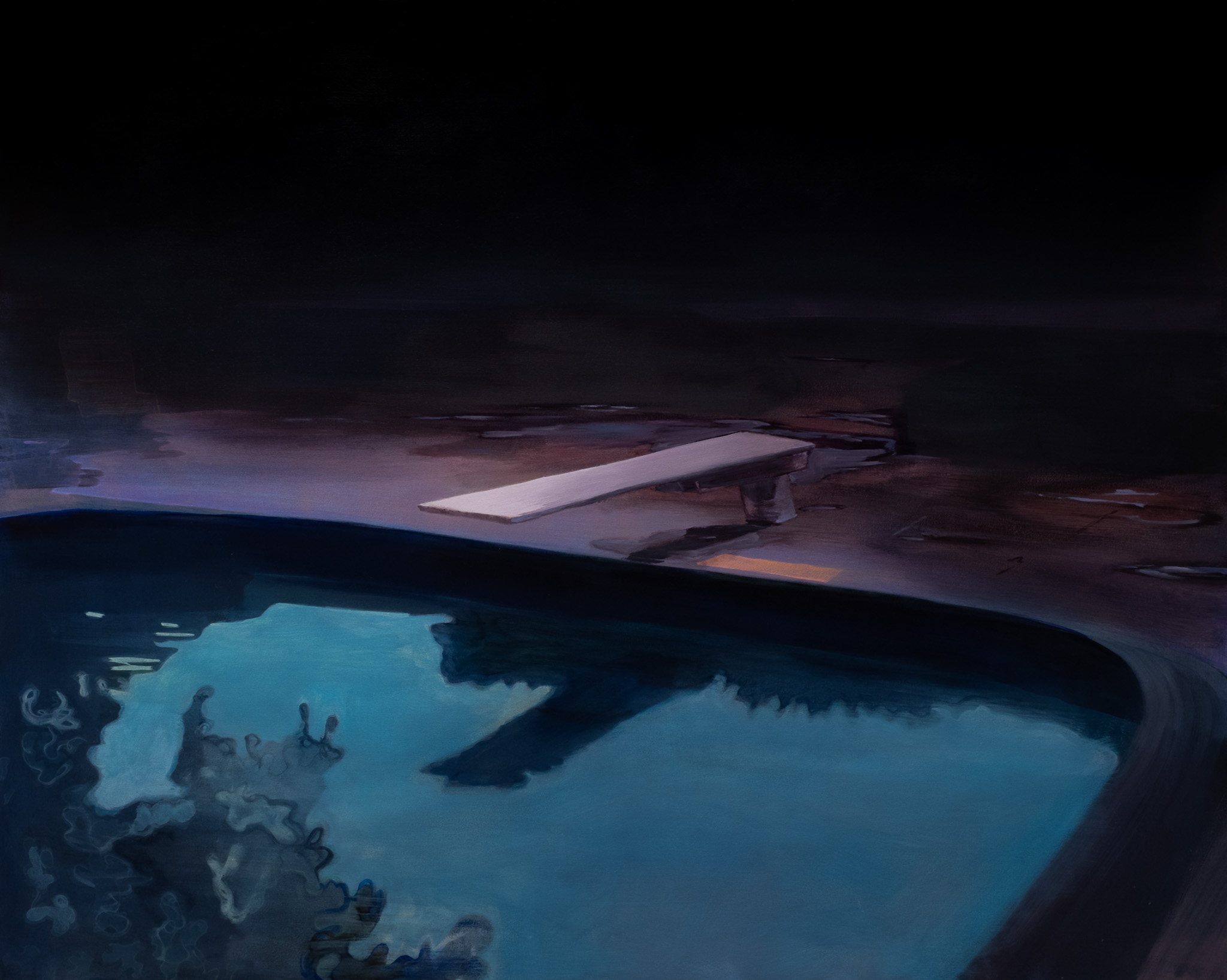 A surreal nighttime scene depicting a luminous turquoise pool with undulating edges set against dark ground and shadowy architectural forms. A white diving platform extends horizontally above the glowing water, rendered in soft, dreamlike brushwork that creates an ethereal, atmospheric quality.