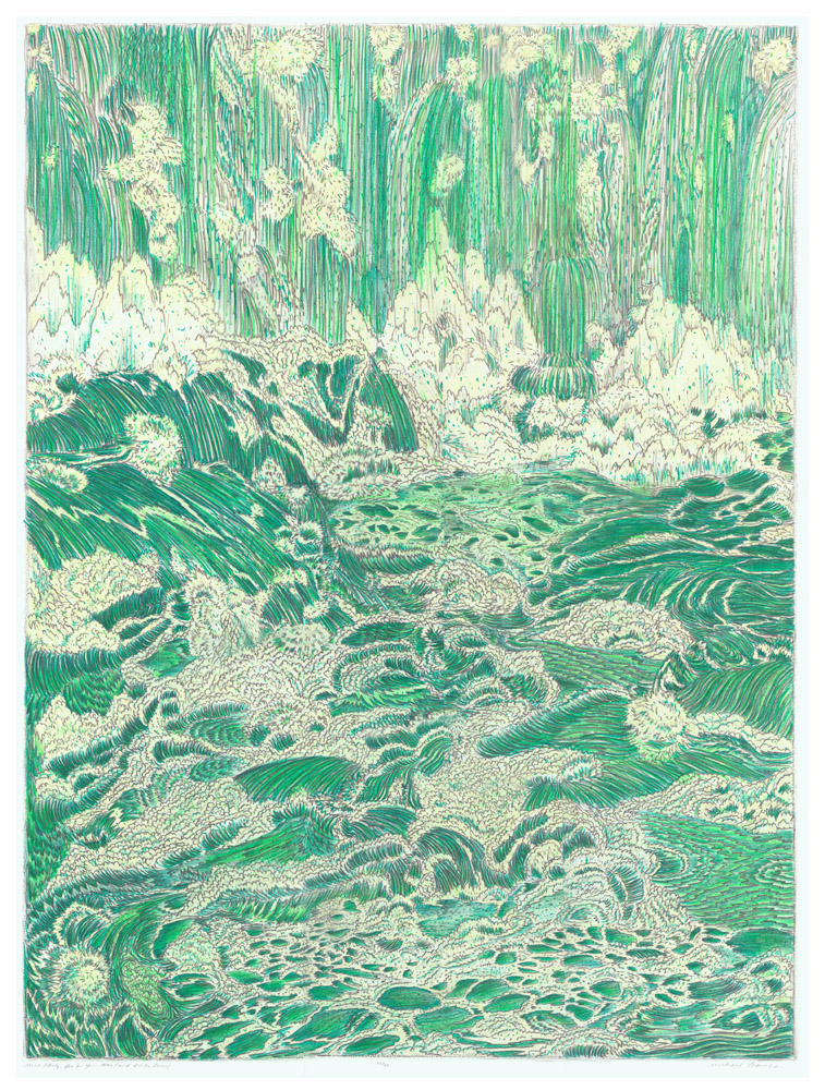 A densely composed green and cream lithograph depicting turbulent ocean waves with dramatic linework, featuring layered crashing surf with detailed hatching and flowing linear marks throughout the composition.
