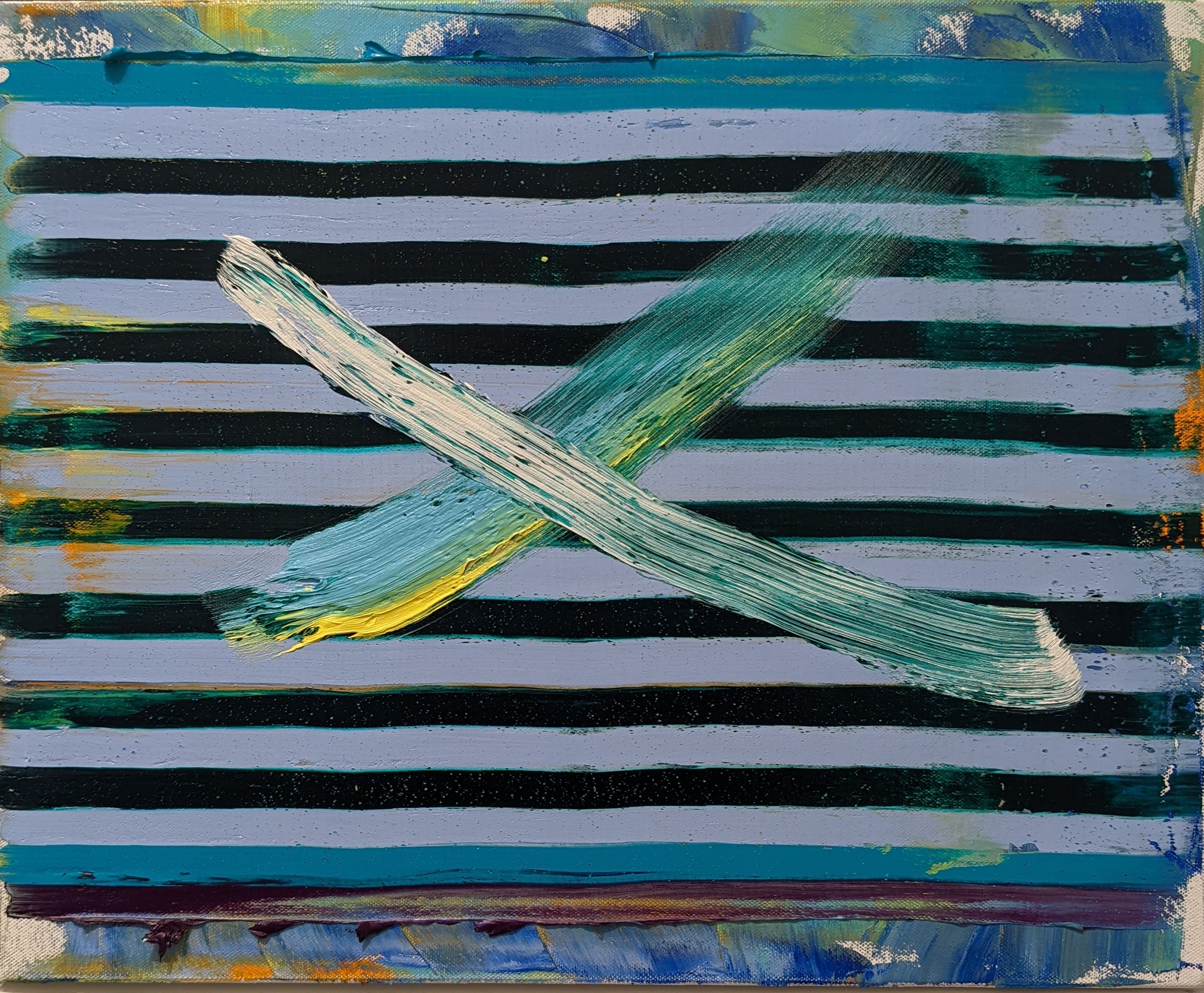 An abstract composition featuring a large X form rendered in gestural brushstrokes of cream, teal, and yellow, positioned centrally against a background of alternating horizontal stripes in black, lavender, and blue-green. The painterly marks create dynamic movement across the striped surface.
