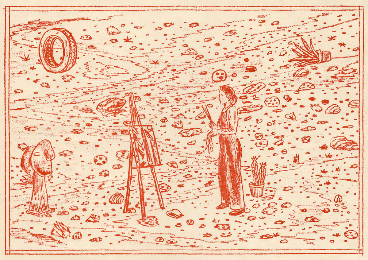 Red-toned woodcut depicting two figures in a surreal desert landscape dotted with scattered objects and celestial forms. One figure stands on a ladder-like structure while another stands nearby with a potted cactus, surrounded by floating geometric shapes, spheres, and abstract debris against a textured, cream-colored background.