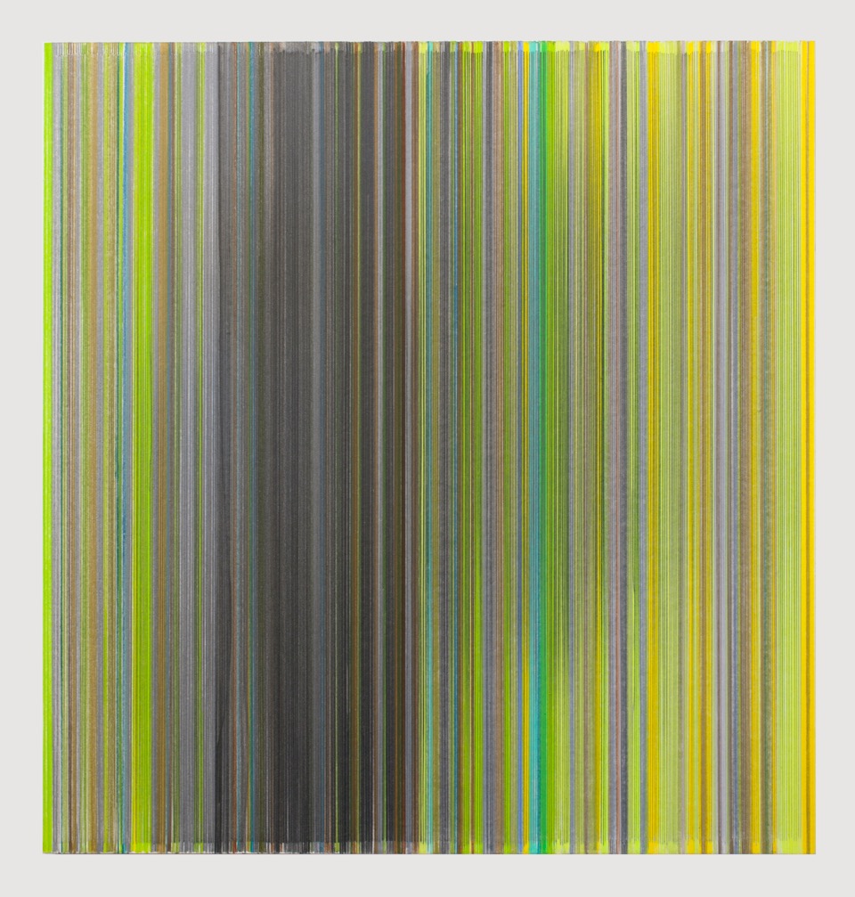 Densely layered vertical lines in shades of lime green, yellow, gray, brown, and teal create an abstract composition with subtle tonal variations that shift across the rectangular field, evoking a sense of movement and atmospheric depth.