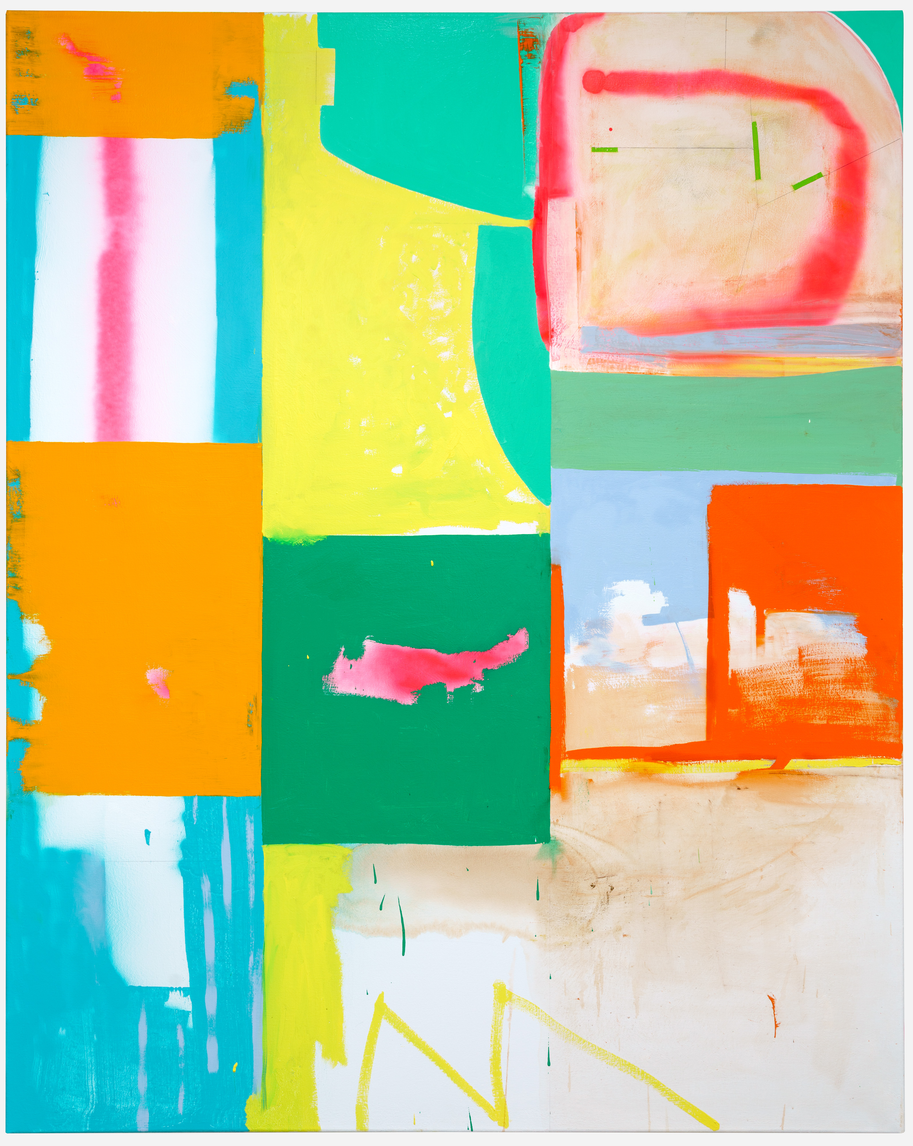 Abstract composition featuring overlapping rectangular panels in vibrant colors including turquoise, yellow, orange, and green, with gestural marks in hot pink and white. The layered canvas sections create a collage-like effect with varied surface textures and painterly brushwork throughout.