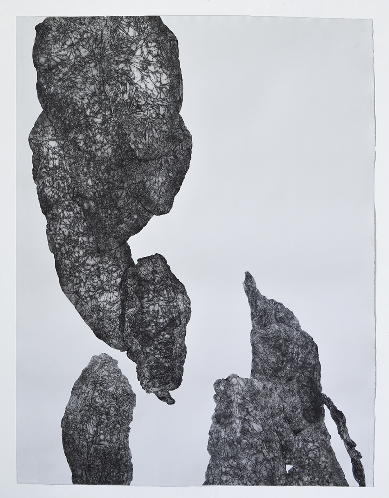 A monoprint featuring three abstracted stone or rock-like forms rendered in dark gray and black against a light background. The forms are densely textured with intricate linear marks and organic patterning, creating a weathered, geological appearance. The composition is vertically oriented with the largest form positioned centrally above, while two smaller forms occupy the lower portion of the frame.