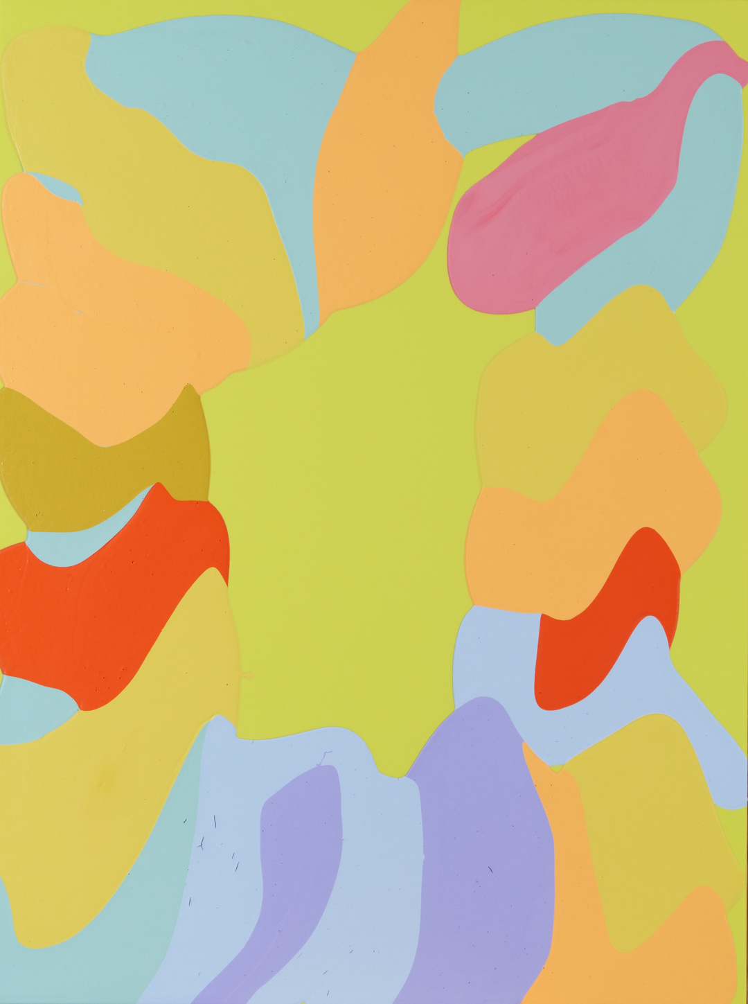 Abstract composition with overlapping organic shapes in vibrant colors including lime green, yellow, coral red, pink, light blue, and purple, creating a dynamic layered effect across the canvas.