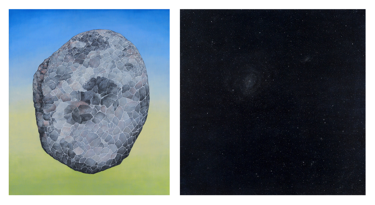 Diptych with a textured grey spherical form against a gradient blue and yellow-green sky on the left panel, paired with a dark starfield on the right panel.