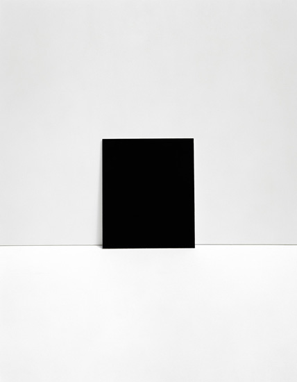 A black rectangular form positioned centrally against a light gray background, bisected horizontally by a darker gray line that suggests spatial division or a horizon line. The composition emphasizes minimalist geometry and tonal relationships.