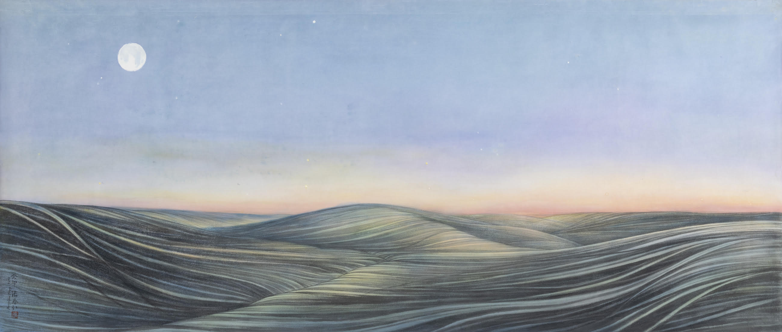 Rolling hills rendered in soft greens and grays stretch across the composition under a twilight sky, with a luminous full moon positioned in the upper left. Delicate brushstrokes create flowing, wave-like patterns across the undulating landscape, conveying a serene, dreamlike quality.