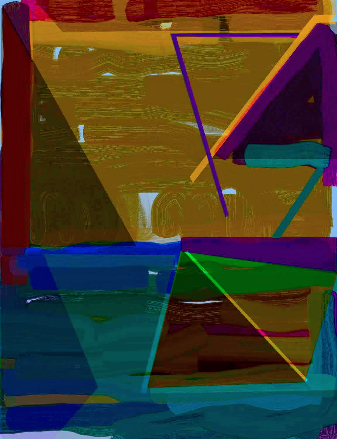 Abstract digital composition featuring overlapping geometric shapes in bold colors including deep purples, vibrant teals, burnt oranges, and dark blues. Horizontal brushstroke textures create a sense of movement across the canvas, while angular lines and transparent layered forms suggest depth and spatial complexity.
