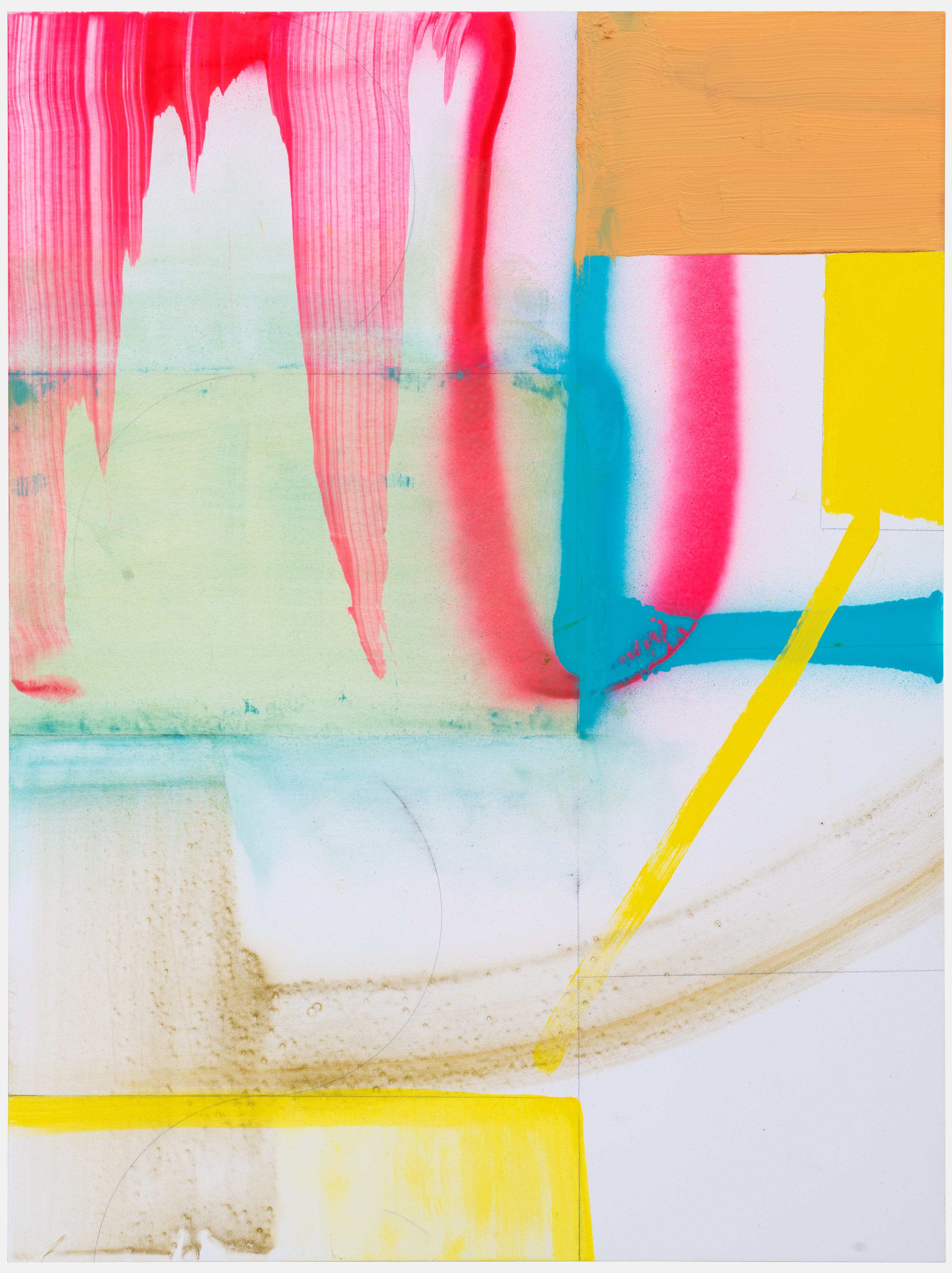 Abstract composition on gesso board featuring bold vertical and diagonal strokes in hot pink, cyan blue, and bright yellow against cream and pale green washes. Gestural marks and drips create dynamic movement across the surface, with layered translucent colors and areas of textured, weathered-looking ground visible beneath.