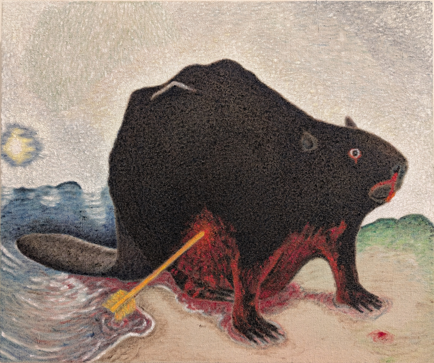 A dark, rotund creature with a large rounded body and small limbs stands on a beach holding a paddle, gazing toward water under a yellow moon. The figure is rendered in black with vivid red and orange accents, set against a muted landscape of blue water, sandy shore, and green grass.