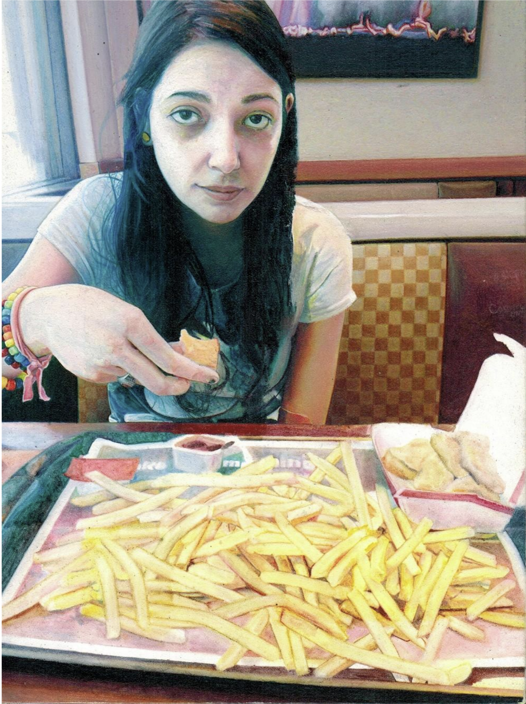 A woman with long dark hair and pale skin sits at a table holding a french fry, gazing directly at the viewer with a slightly bemused expression. Before her lies a paper-lined tray overflowing with golden french fries, rendered in detailed oil painting with warm yellows and browns against cooler background tones of blue and mauve.
