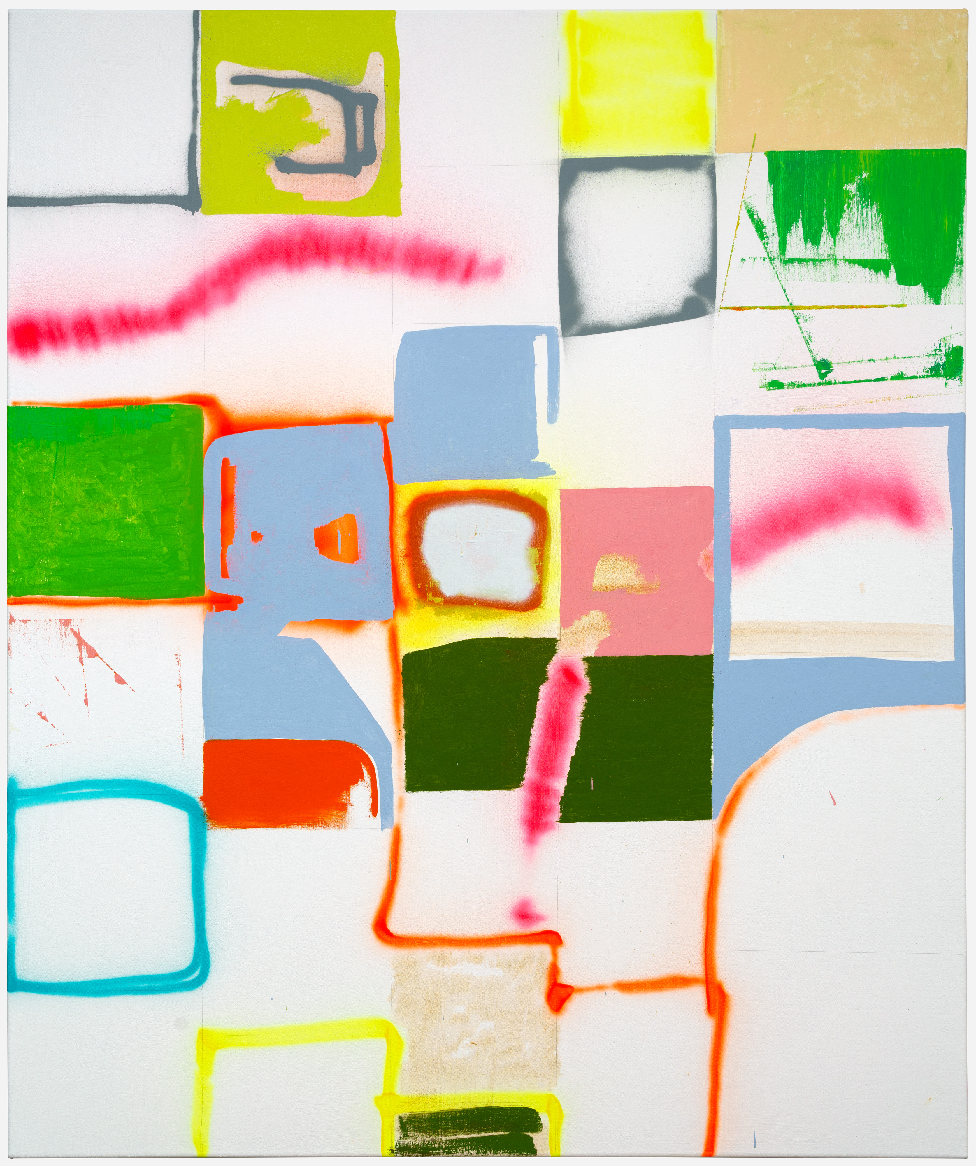 Abstract composition featuring a grid of rectangular and square forms in vibrant colors including lime green, bright pink, orange, blue, and cream, with gestural pink brushstrokes crossing diagonally across the canvas and outlined shapes in contrasting hues creating a dynamic, layered visual rhythm.