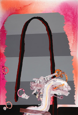 A dark curved line arches against a gray rectangular background, with translucent crystalline or glass-like forms clustered at its base. The composition is framed by vibrant pink and coral watercolor washes that bleed across the edges, creating a stark contrast between the muted center and the saturated, fluid colors surrounding it.
