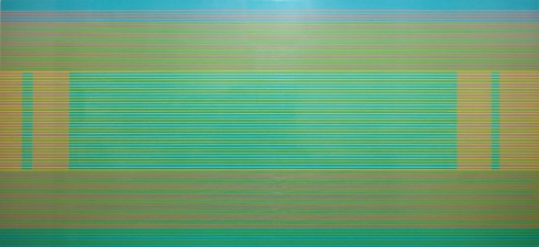 Horizontal composition with alternating bands of turquoise and warm tan tones, featuring a central rectangular field of fine horizontal lines in cyan and olive green, flanked by vertical striped sections on either side. The layered, striped pattern creates a rhythmic, woven-like visual effect across the rectangular format.