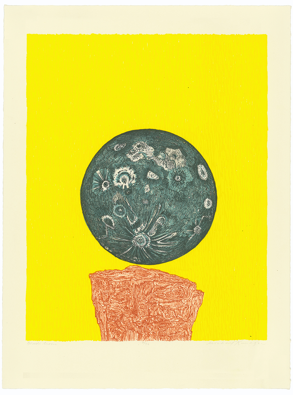 A dark green sphere rendered with white linear details suggesting craters and celestial features floats above a coral-red textured form against a vibrant yellow background.