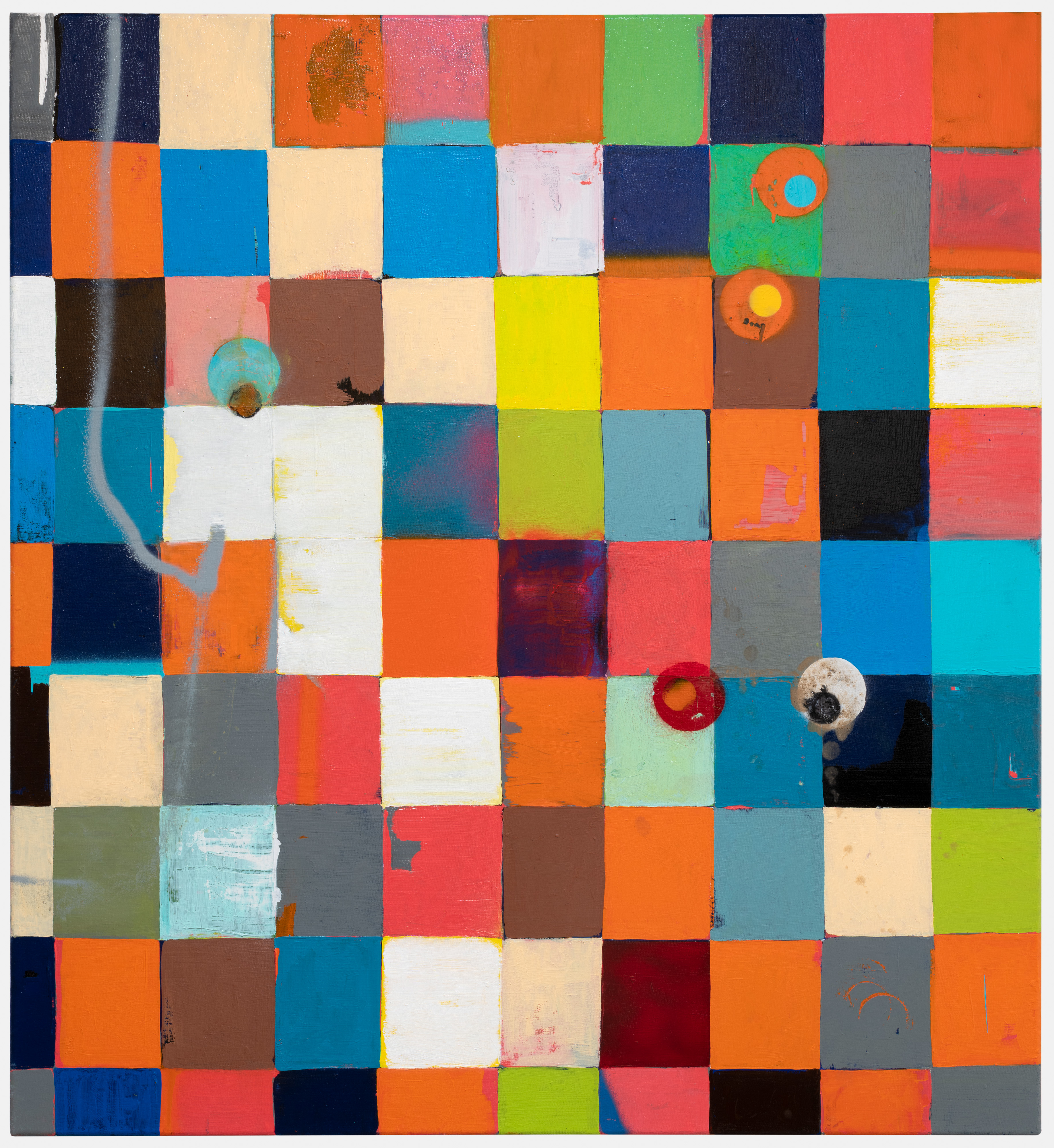 A grid of colorful squares in vibrant hues of orange, blue, red, yellow, green, and cream fills the canvas. Three-dimensional circular forms in contrasting colors protrude from various squares across the composition, creating depth and visual rhythm within the geometric arrangement.