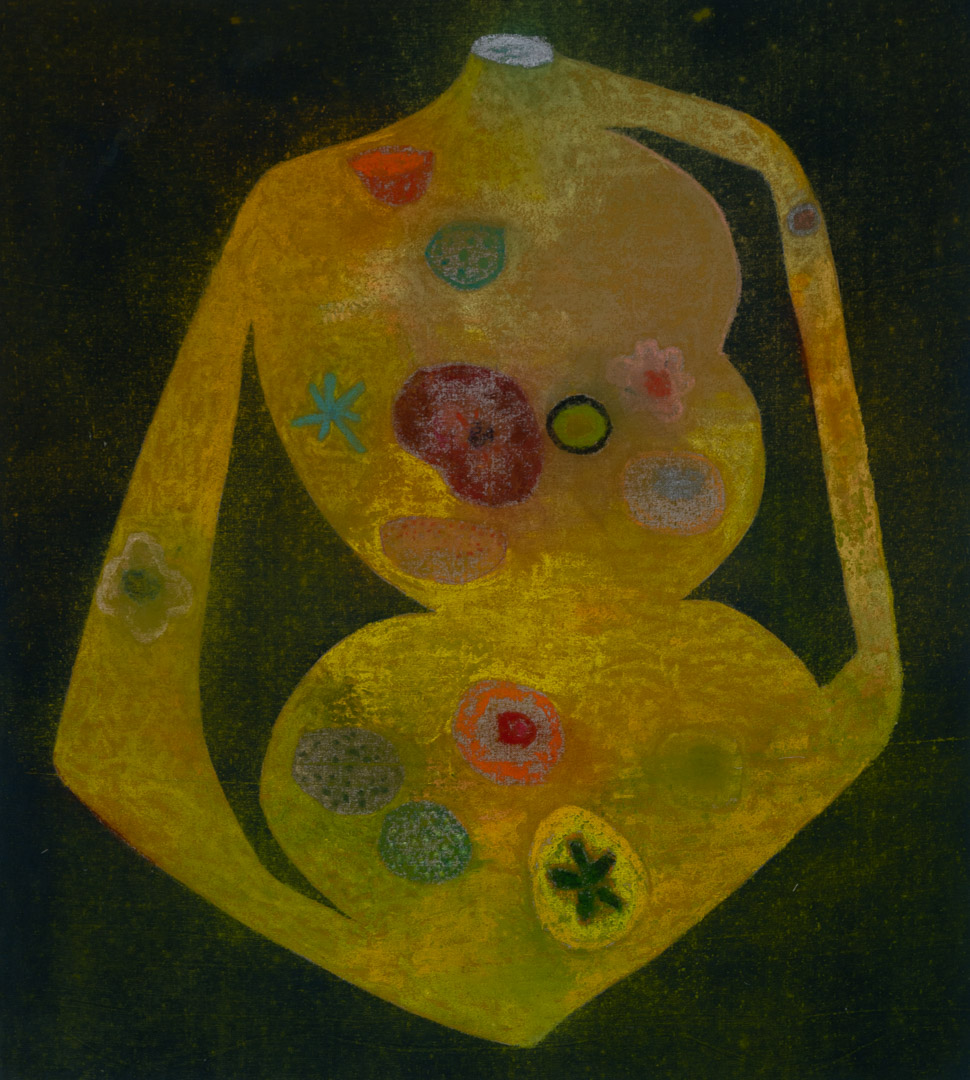 A stylized yellow figure with an organic, rounded form against a dark green background, decorated with colorful circular and abstract shapes in red, teal, pink, and ochre throughout its body and limbs. The work combines gestural brushstrokes with geometric symbols, creating a primitive or cellular aesthetic.