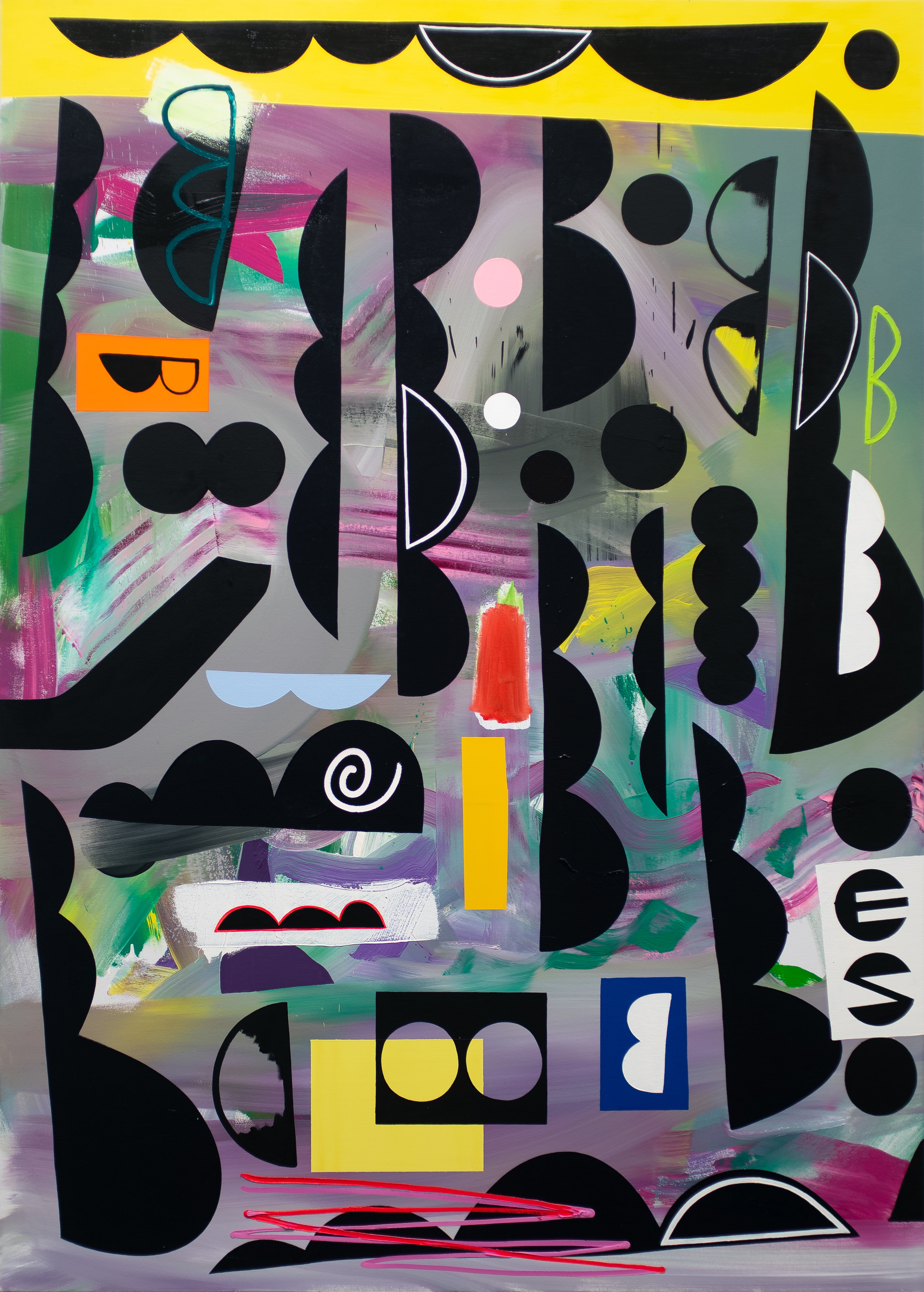 Abstract mixed-media composition featuring bold black geometric shapes—curved segments, circles, and semi-circles—layered over a vibrant painted background of pink, purple, green, and yellow brushstrokes. Bright colored rectangular forms in orange, yellow, and blue are scattered throughout, with whimsical line drawings and small representational elements including eyes, mouths, and abstract figures creating a playful, energetic visual rhythm across the canvas.