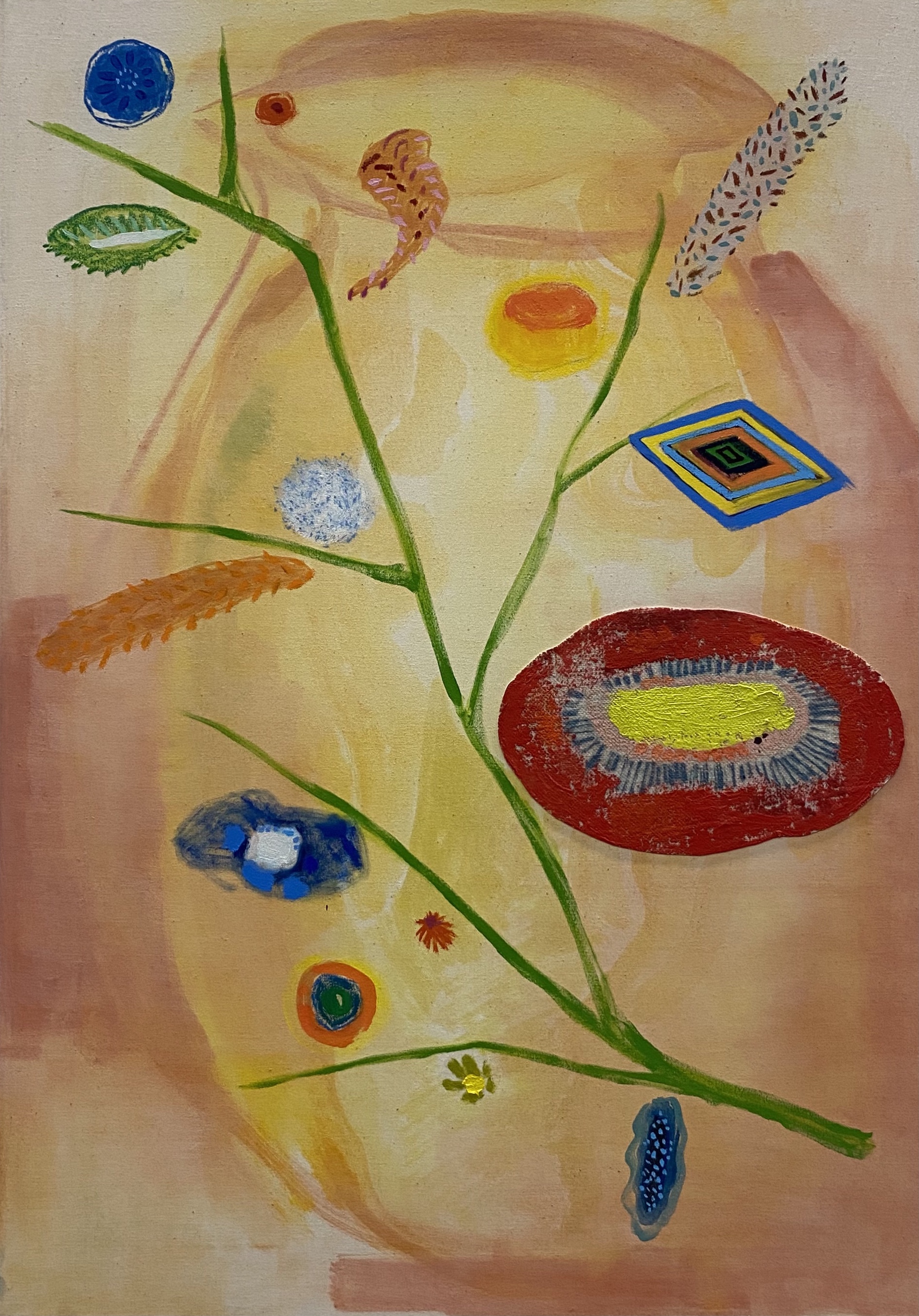 A surreal composition on a warm, cream-toned background featuring two intertwining green stems with an array of abstracted organic and geometric forms scattered throughout. Floating elements include a large red oval with a yellow center, concentric blue and yellow squares, various textured seed pods and leaf-like shapes in muted earth tones, small circular motifs in blue and orange, and delicate linear details. The layered, dreamlike arrangement combines naturalistic botanical references with geometric abstraction in a soft, matte palette.